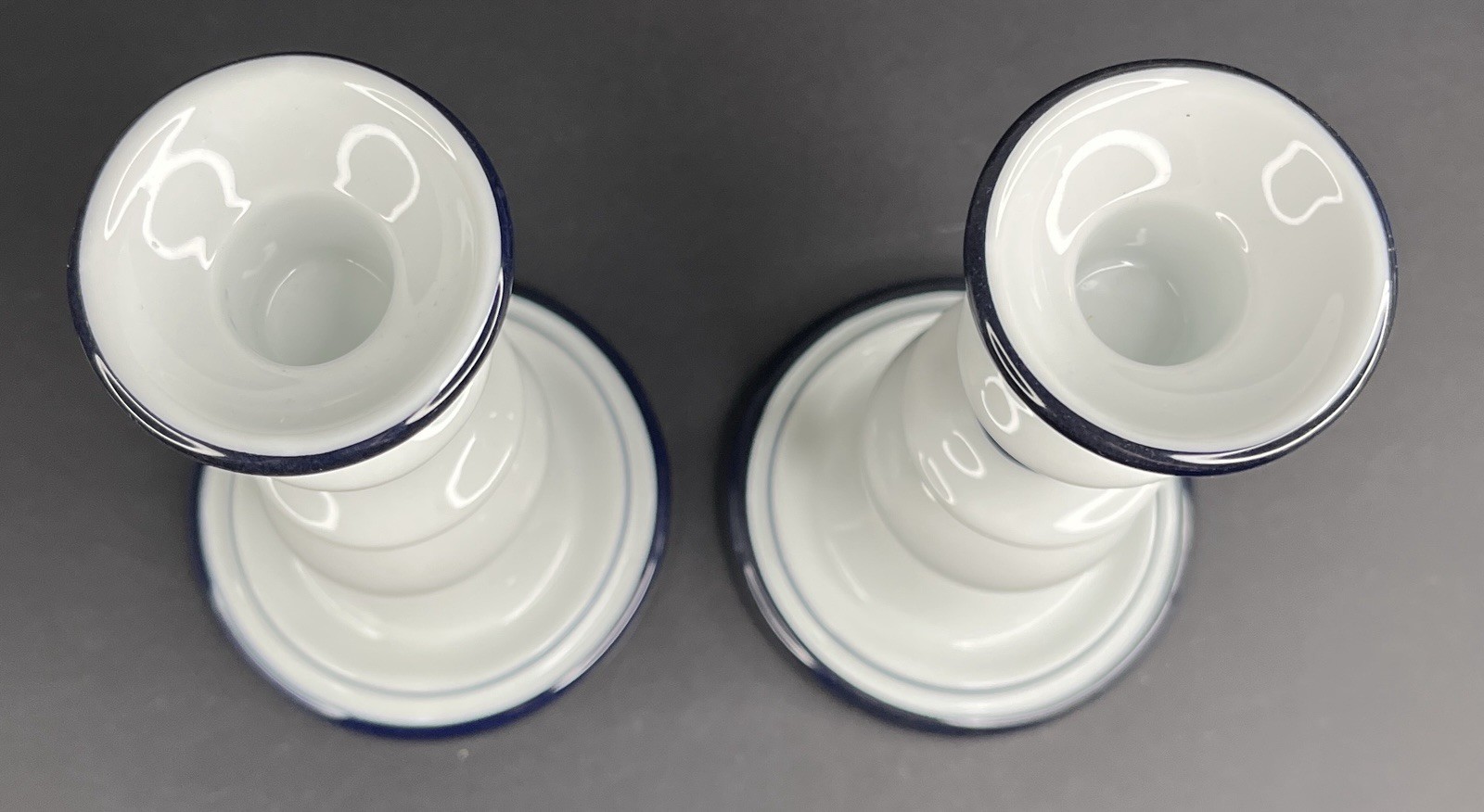 Dansk Bistro Candlestick Holders 6.25″ White Blue Stripe Christianshavn Portugal