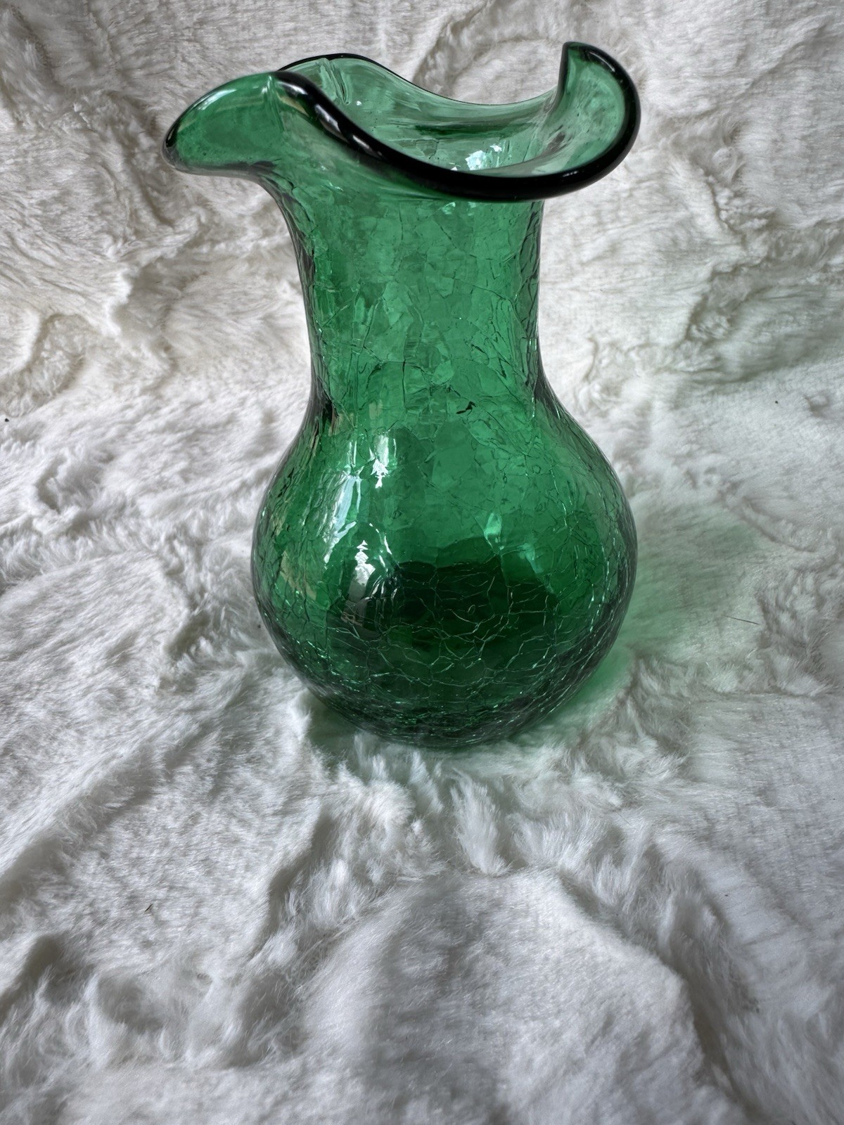 Vintage Green Crackle Glass Vase Glossy Finish Mid Century 5”