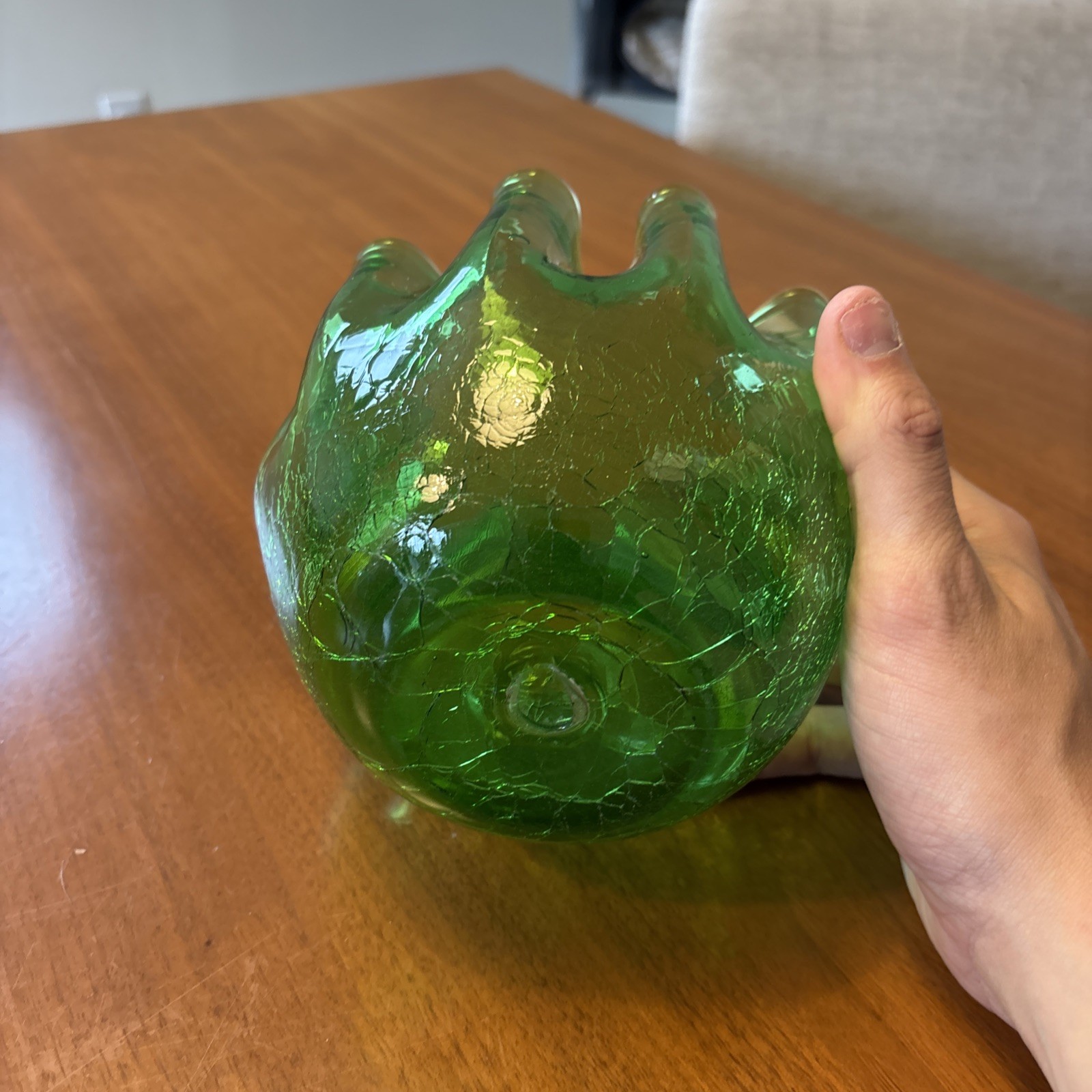 Vintage Hand Blown Crackle Glass Jade Green Ruffled Bowl 5”