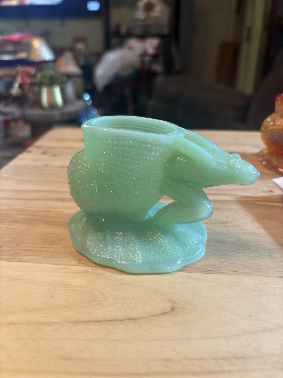 Vintage Rosso Frog Pulling She’ll Jade Green Opalescent