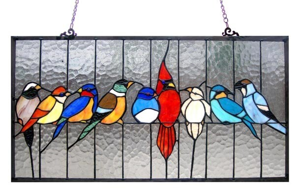 Tiffany Style Stained Glass Window Panel Festival Flock of Birds with a Cardinal