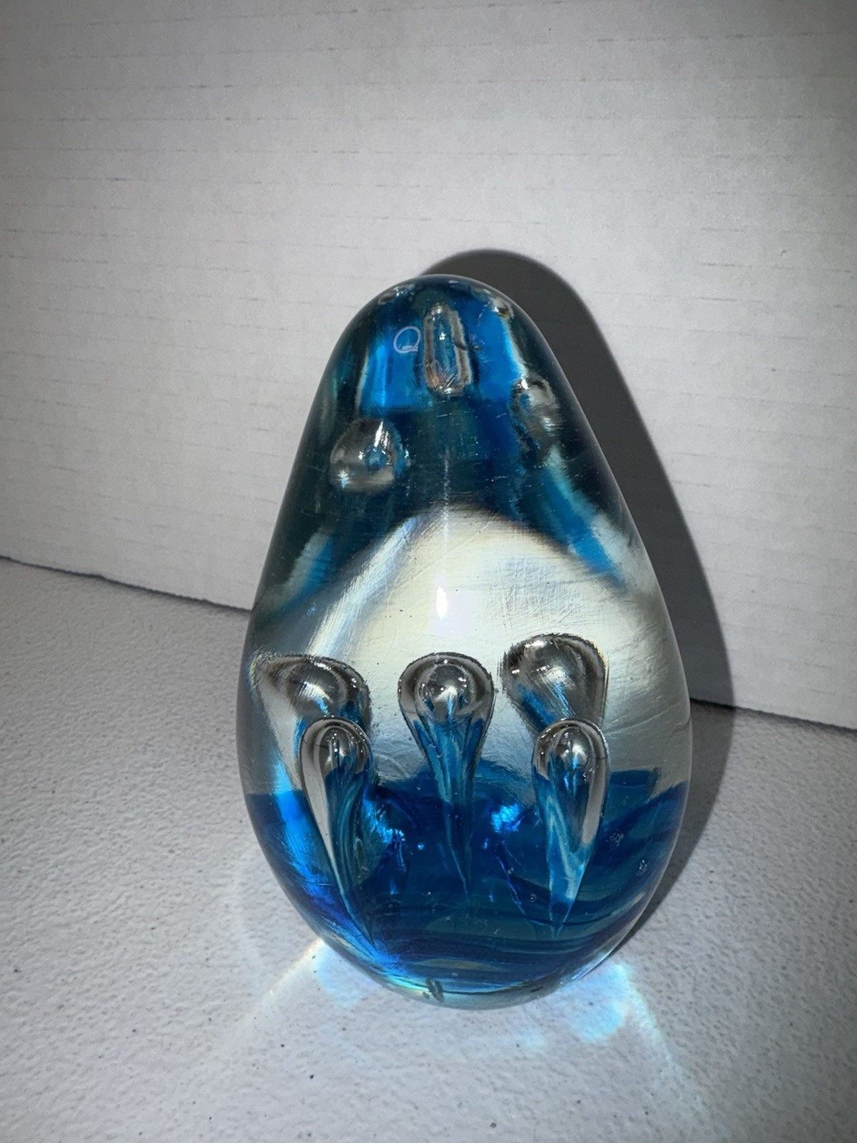 Cobalt Clear Art Glass Blown Paperweight Long Bubbles Teardrop Egg 4 inches