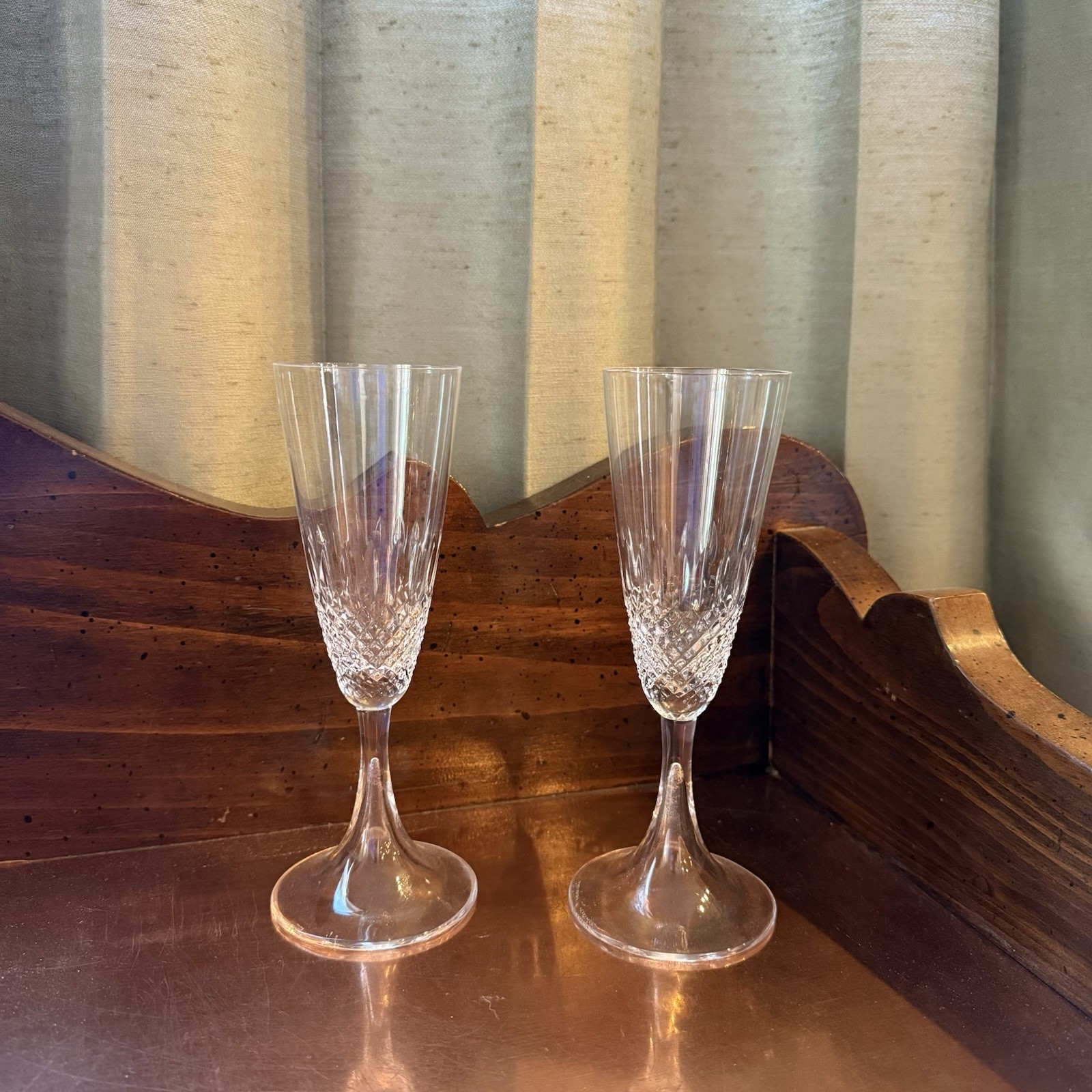 Vintage 1970s Lalique France Chinon Diamond Point Crystal Champagne Flutes