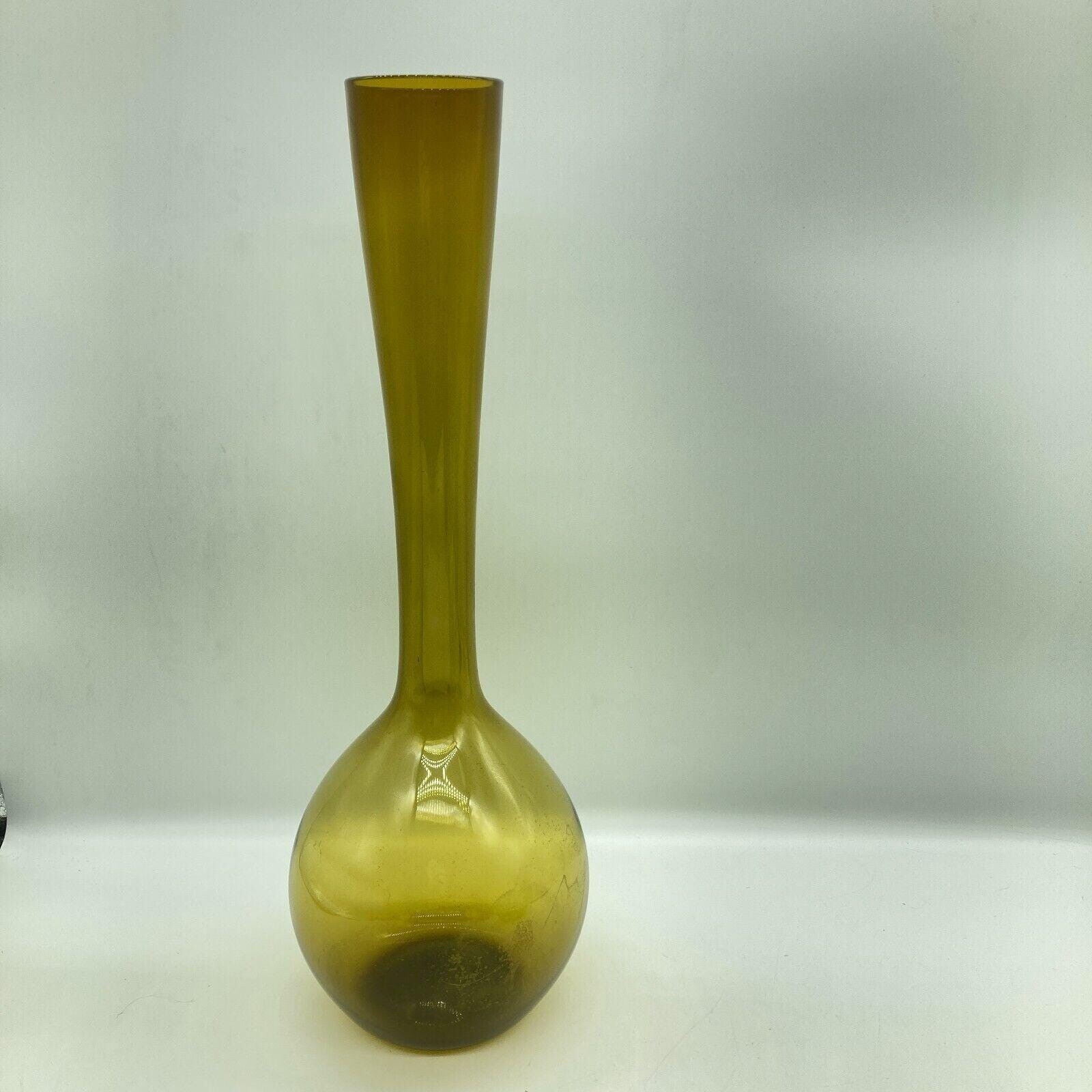 MCM Vase 15.75″ Long Neck Hand Blown Olive Art Glass Bulb Base Tall Vintage