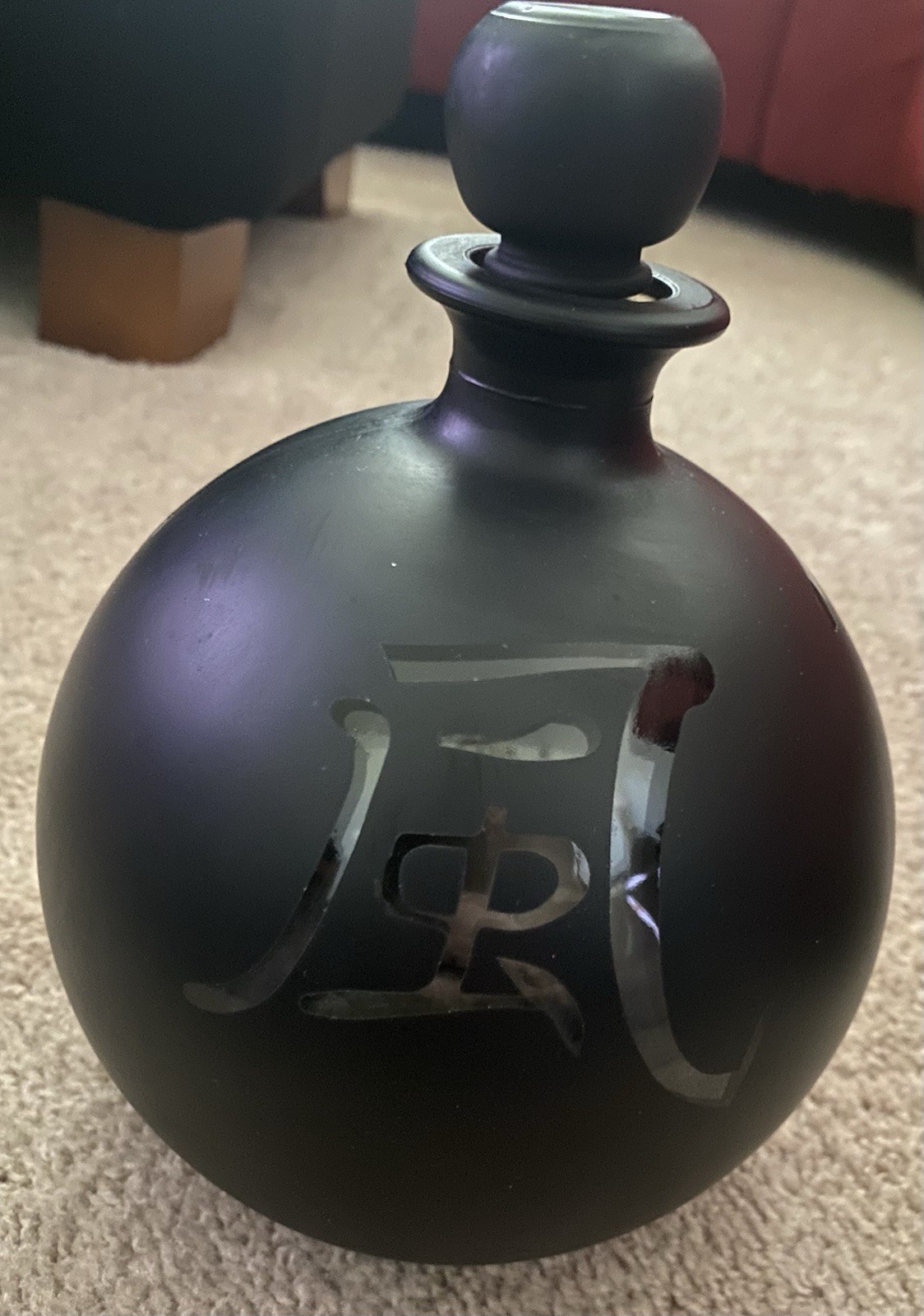 Black Matte Glass Decorative Bottle with Etched Asian Characters, Round, Stopper