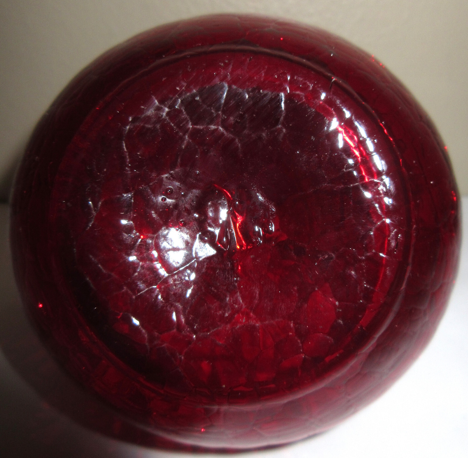 MCM Crackle Glass Vase Pinched Pinch Ruby Red Two Holes 4″ Tall Hand Blown Vtg