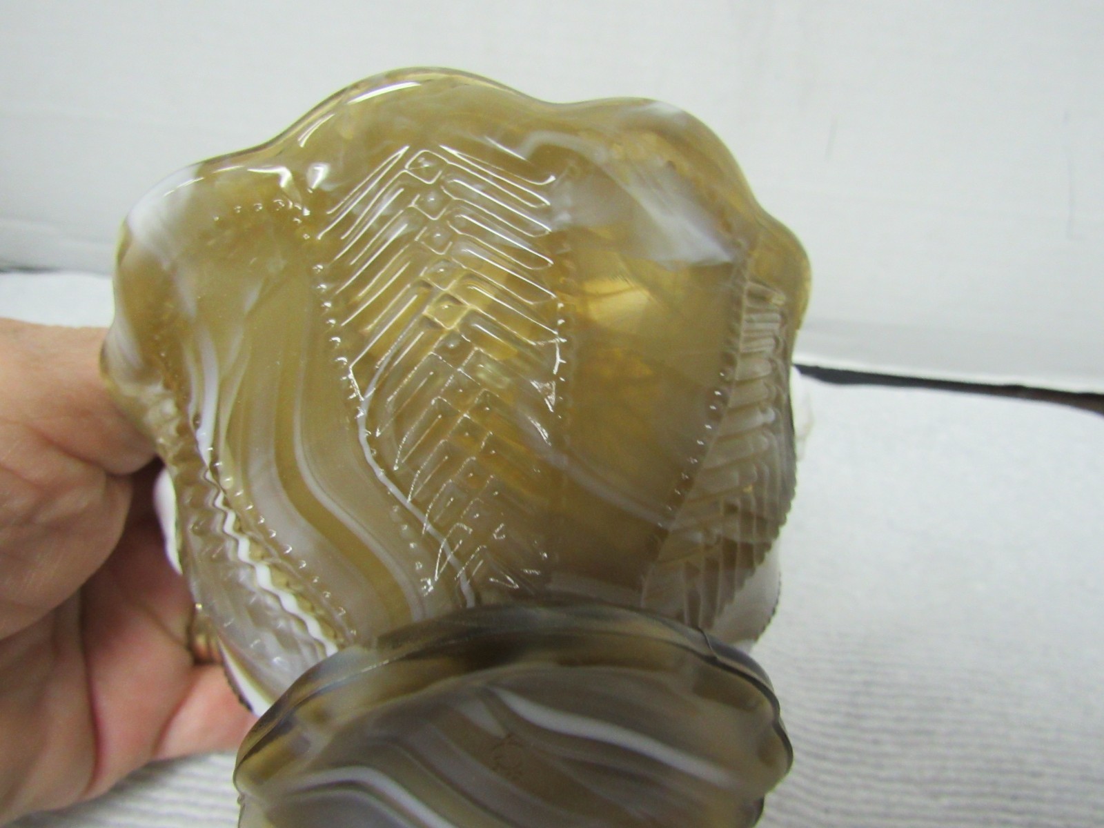 Imperial Chevron Scalloped Rim Carmel Slag Glass Basket w/Milk Glass Handle 5″