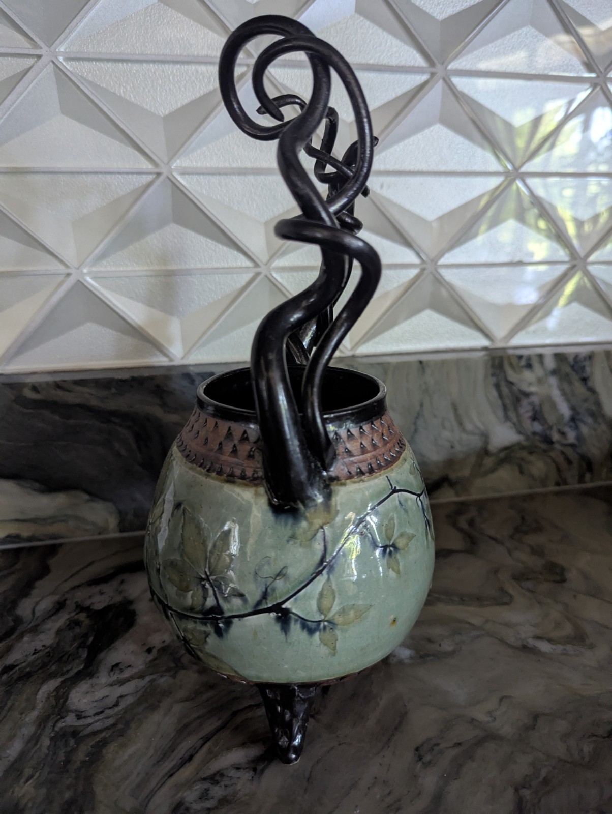 Suzanne Crane Studio Pottery Sculptural Vessel Celadon Leaf Ceramic Basket 10″