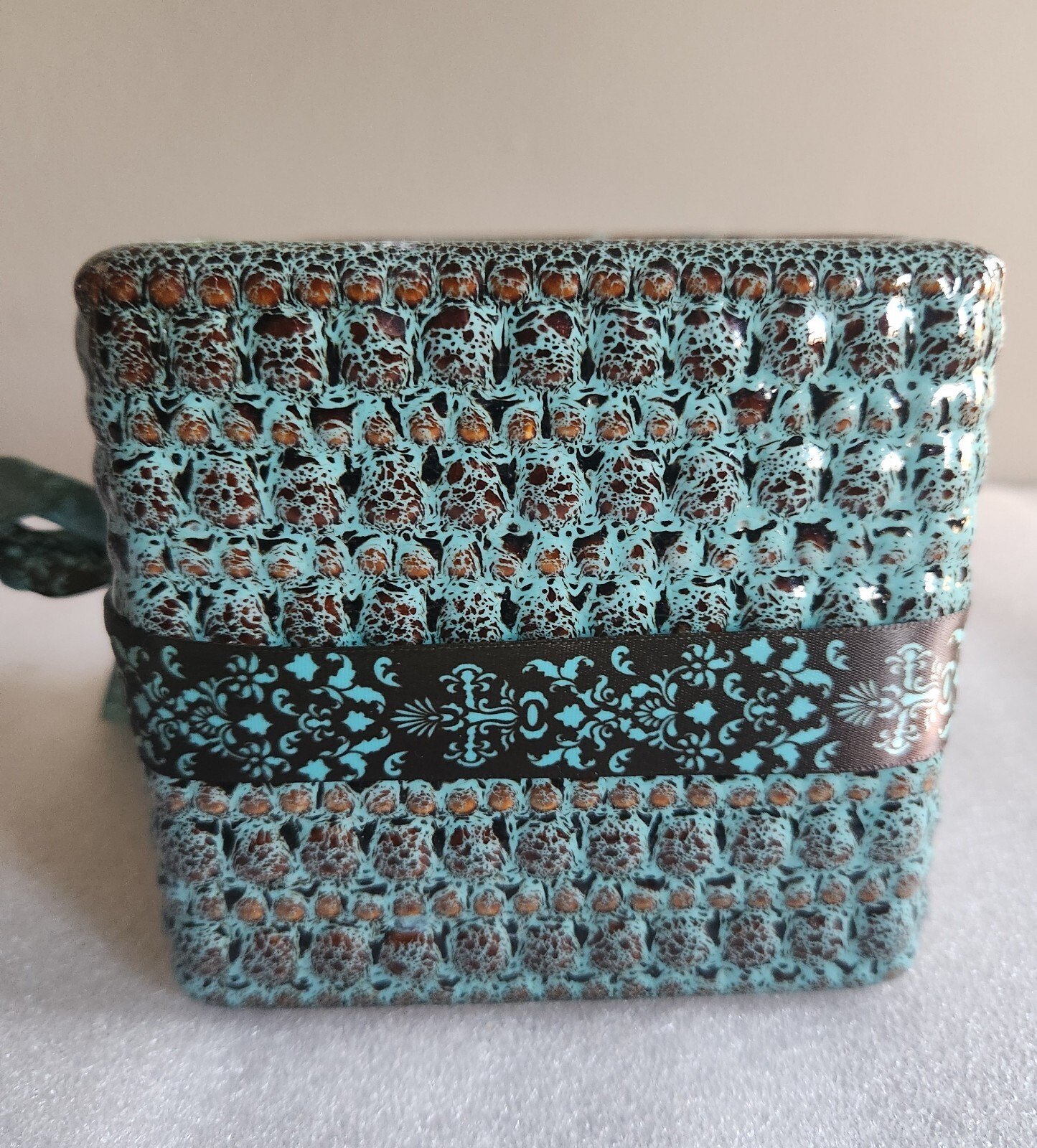 Square Ceramic Planter or Vase • Textured Aqua Blue & Brown Glaze • 4½”×4¾”×4¾”