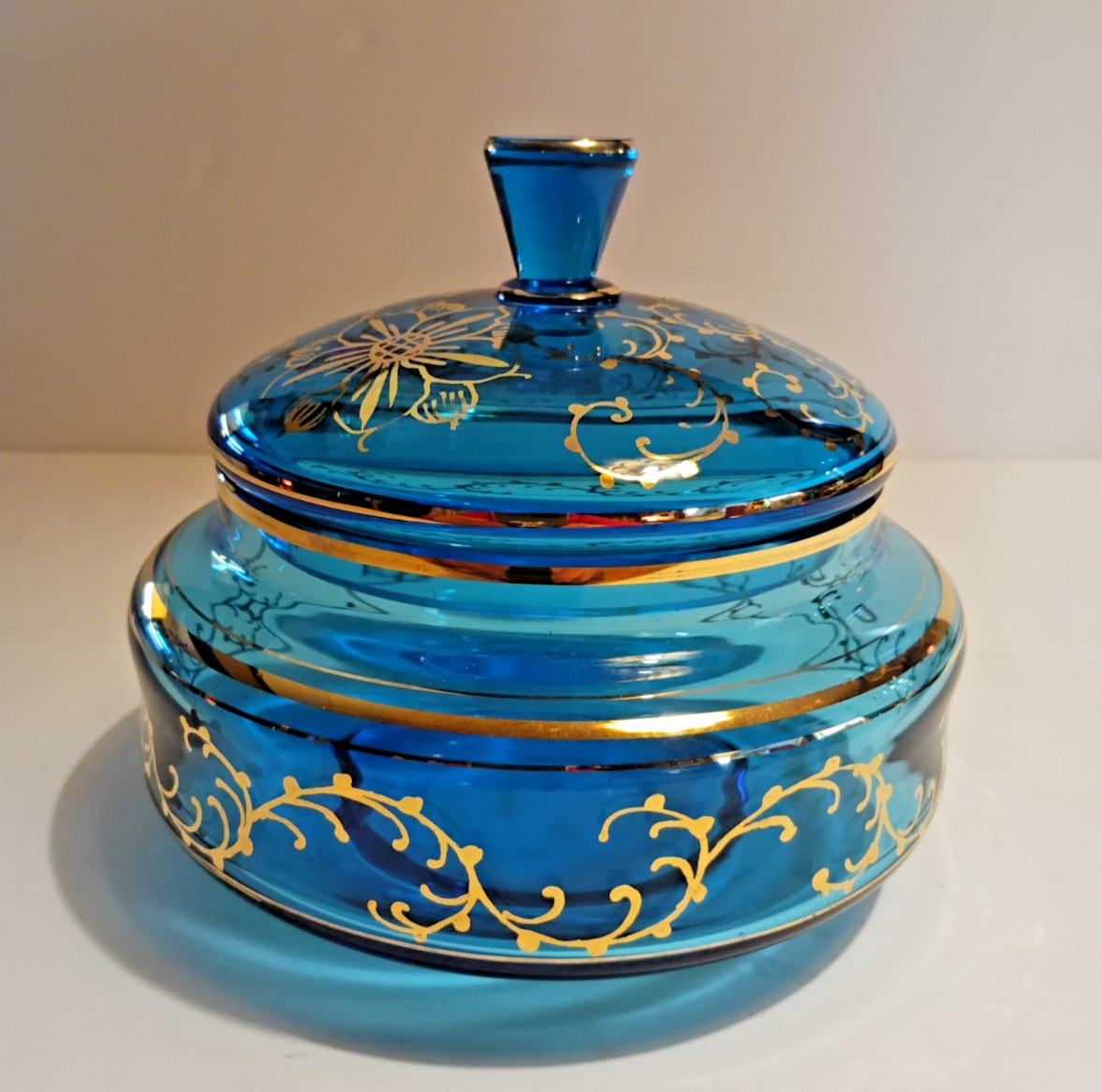 Vintage Czech Bohemian Sapphire Blue Glass Lidded Jewel/Candy Box Gold Gilt