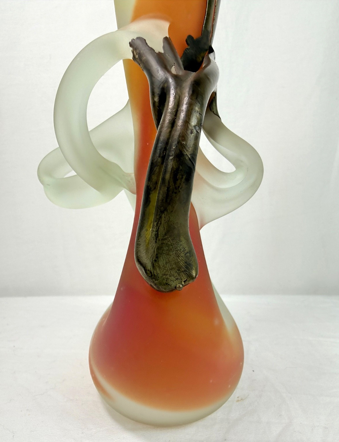Art Glass Vase Studio Signed Fused Bronze Orange Frosted Vasile Vardan Style VTG