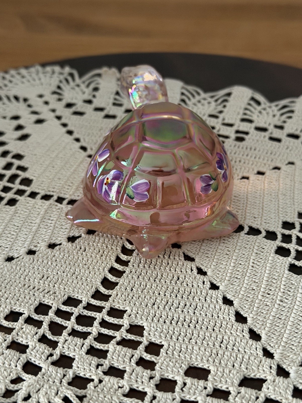 Fenton Lenox Sunset Pink Iridescent Hand Painted Turtle Figurine J Powell