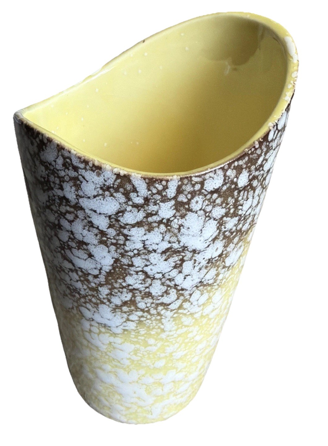VTG MCM Yellow Brown Speckled Asymmetrical Vase USA Hombre White Splatter