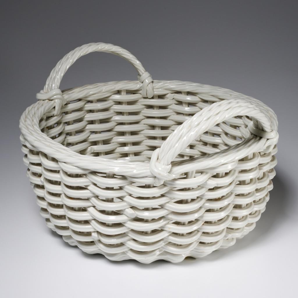 Vintage Large White Ceramic Wicker Basket Bowl with Double Handles Decor Pottery