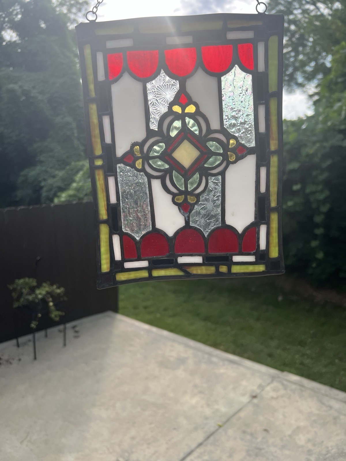 Handmade Leaded Stained Glass Window Panel Suncatcher Iridescent 9.5 x 7.25” VTG