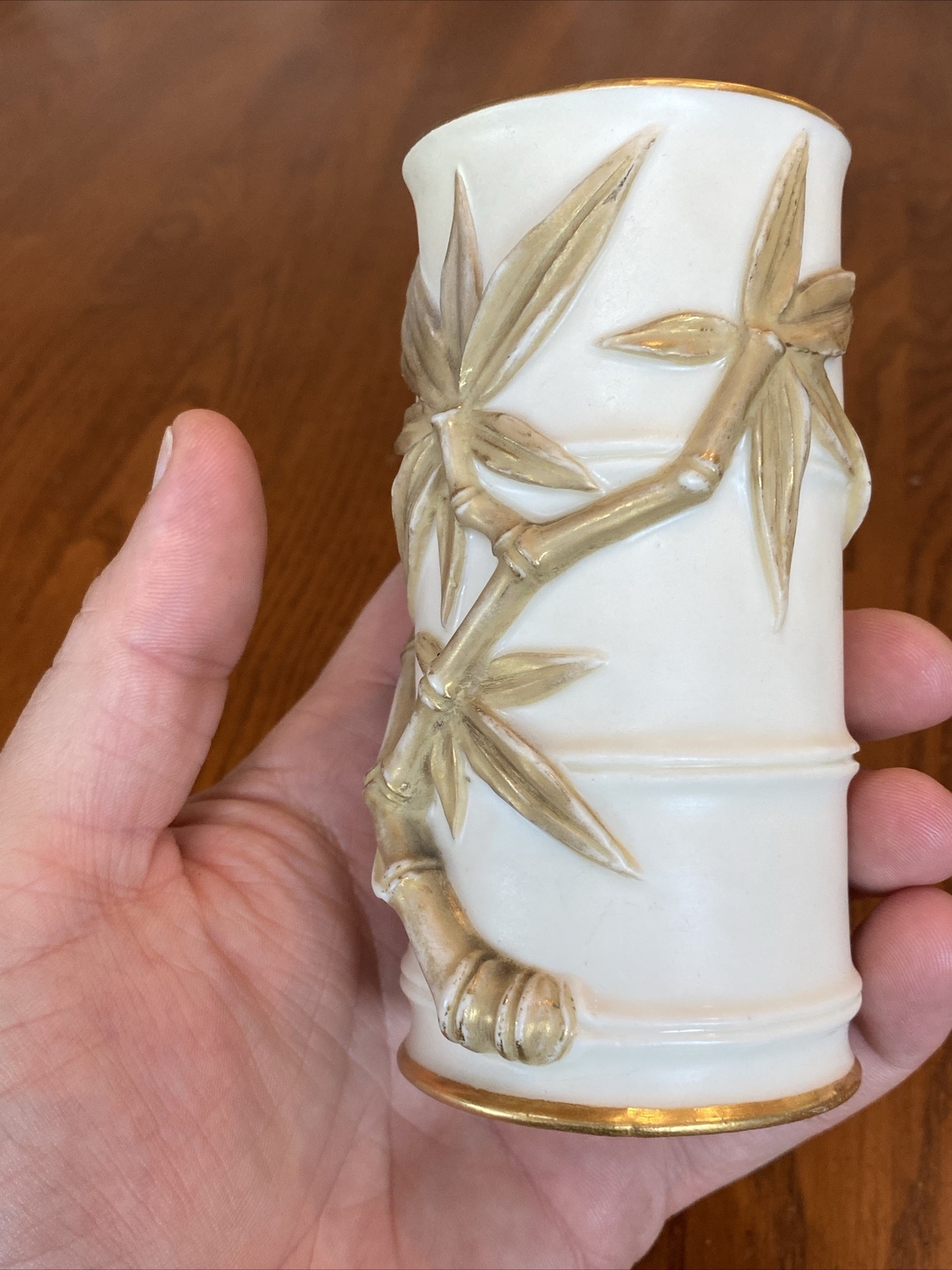 Antique 1885 19th C ROYAL WORCESTER PATENT METALLIC IVORY WARE BAMBOO SPILL VASE
