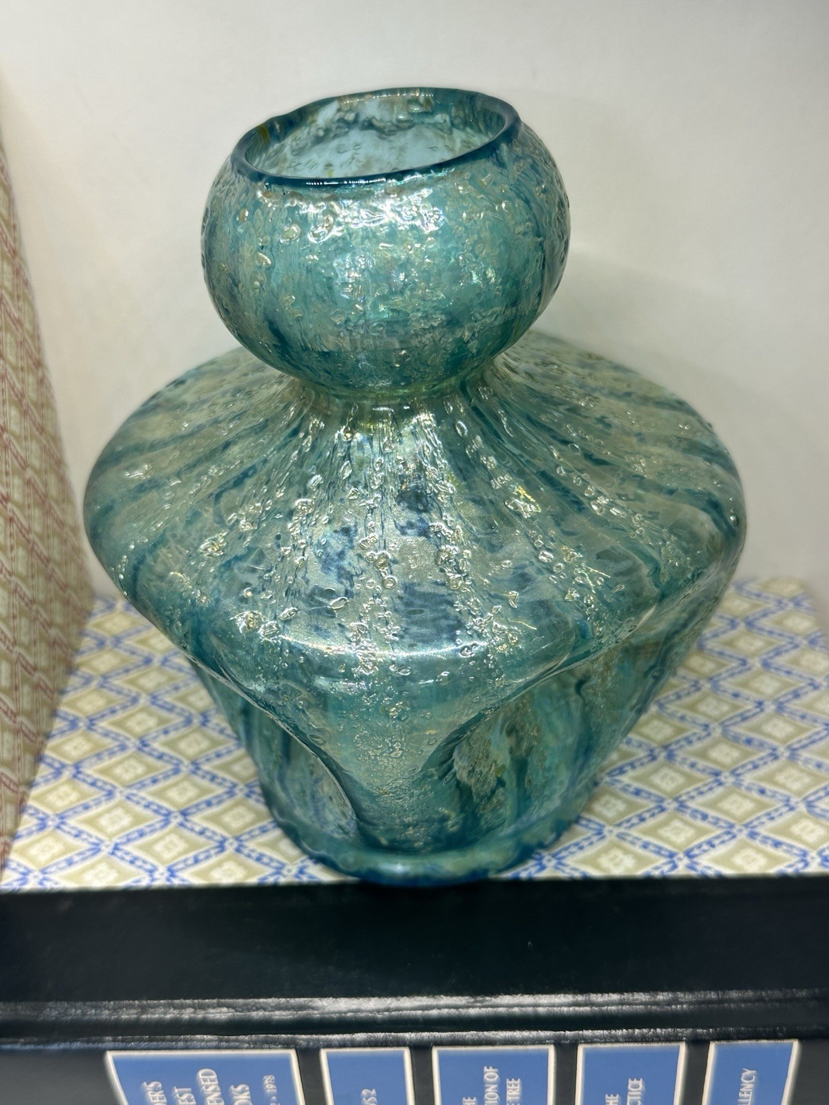 Antique Dugan Glass Iridescent Blue/Green Sq Vase-Round Pinched Early 1900’s 6″
