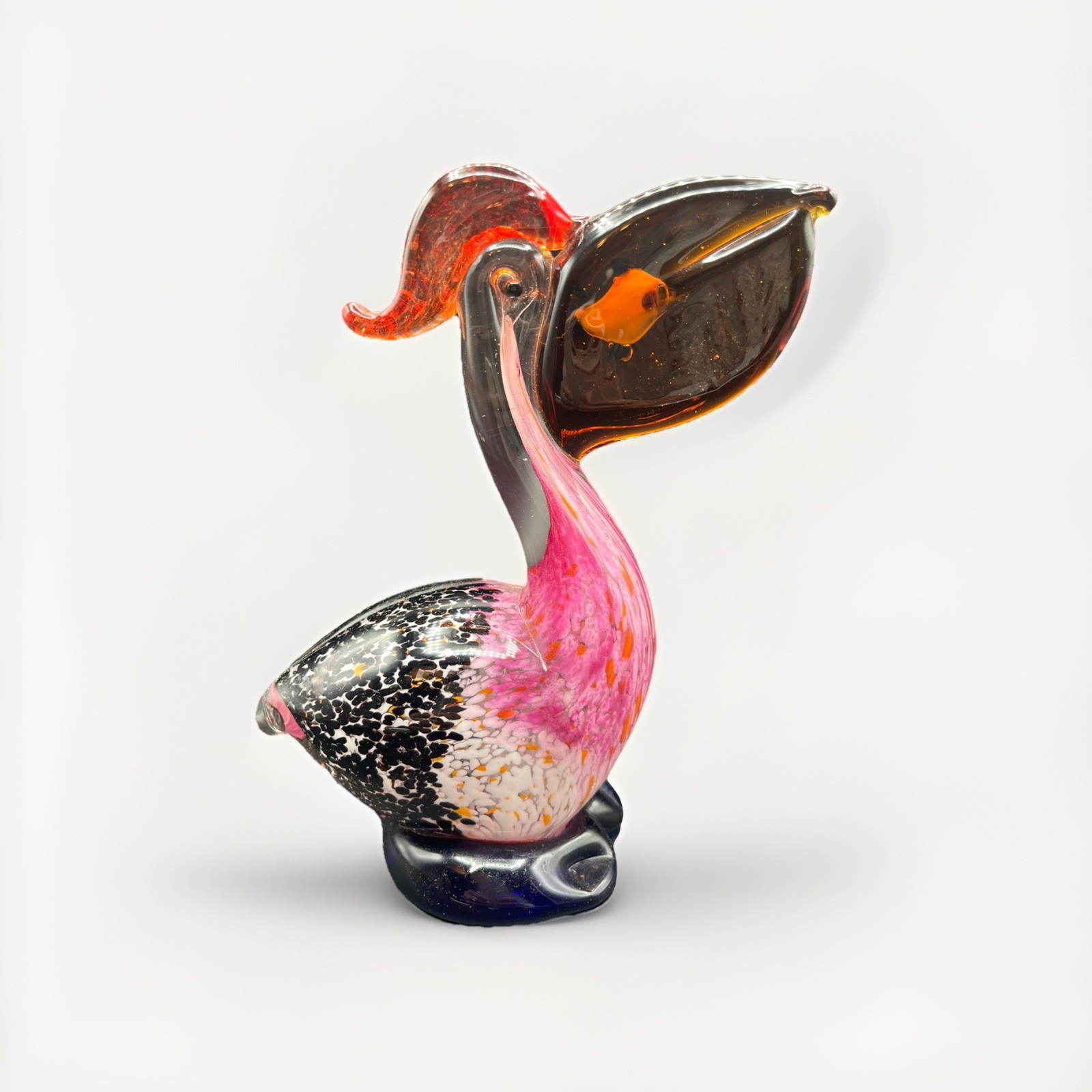 Blown Art Glass 7” Pelican Bird Fish In Mouth Figurine Sculpture Paperweight