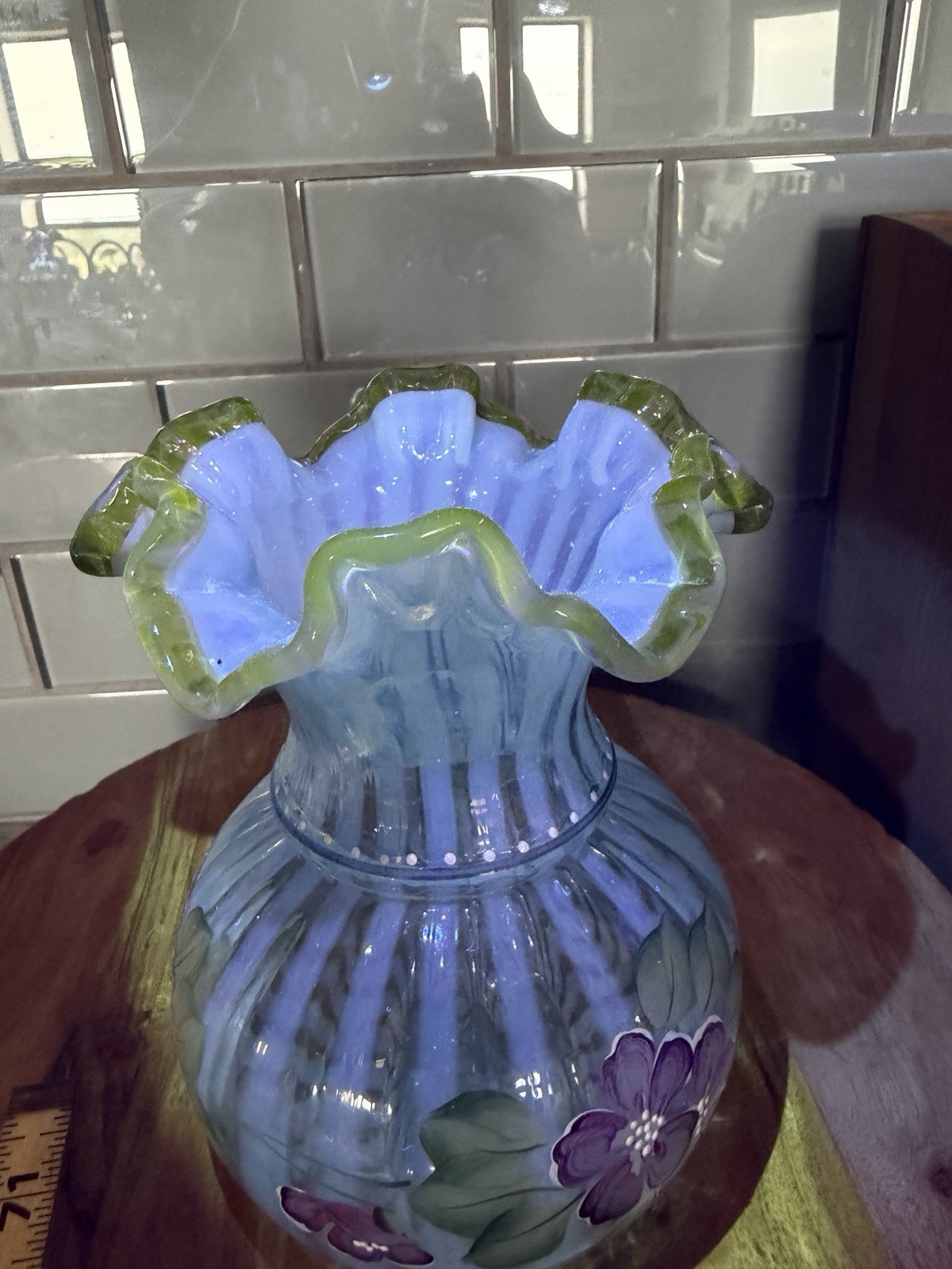 Fenton Art Glass “Misty Blue Rib Optic Vase” ruffled plum/mulberry edge (glows)