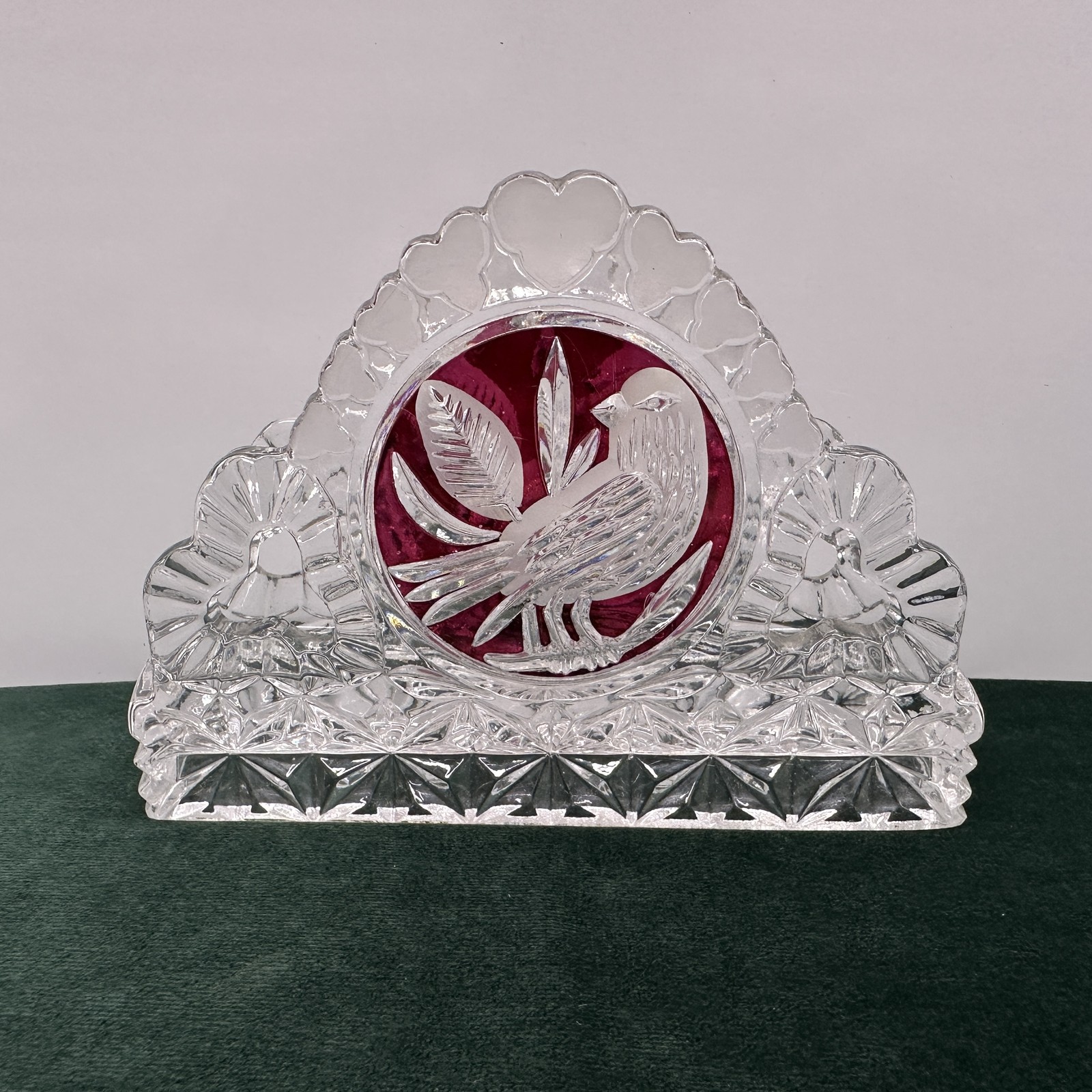 Vintage Clear Cut Crystal Glass Bird Sculpture with Ruby Red Etched Motif Napkin