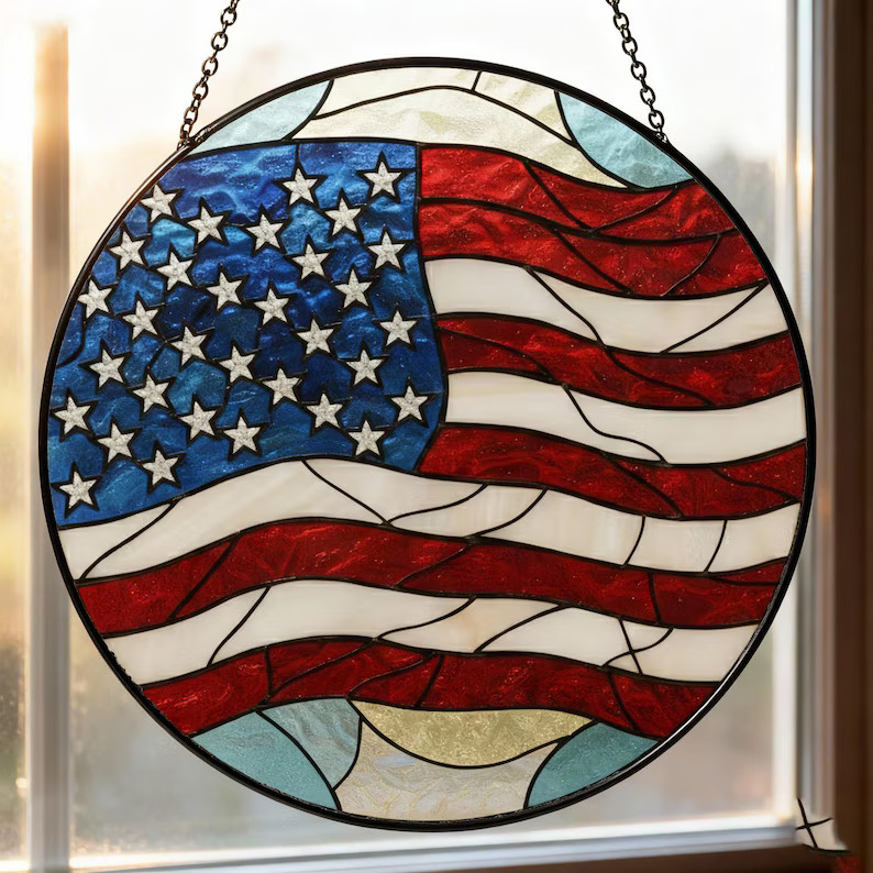 American Flag Suncatcher Glass Window Hanging Patriotic USA Decor Gift