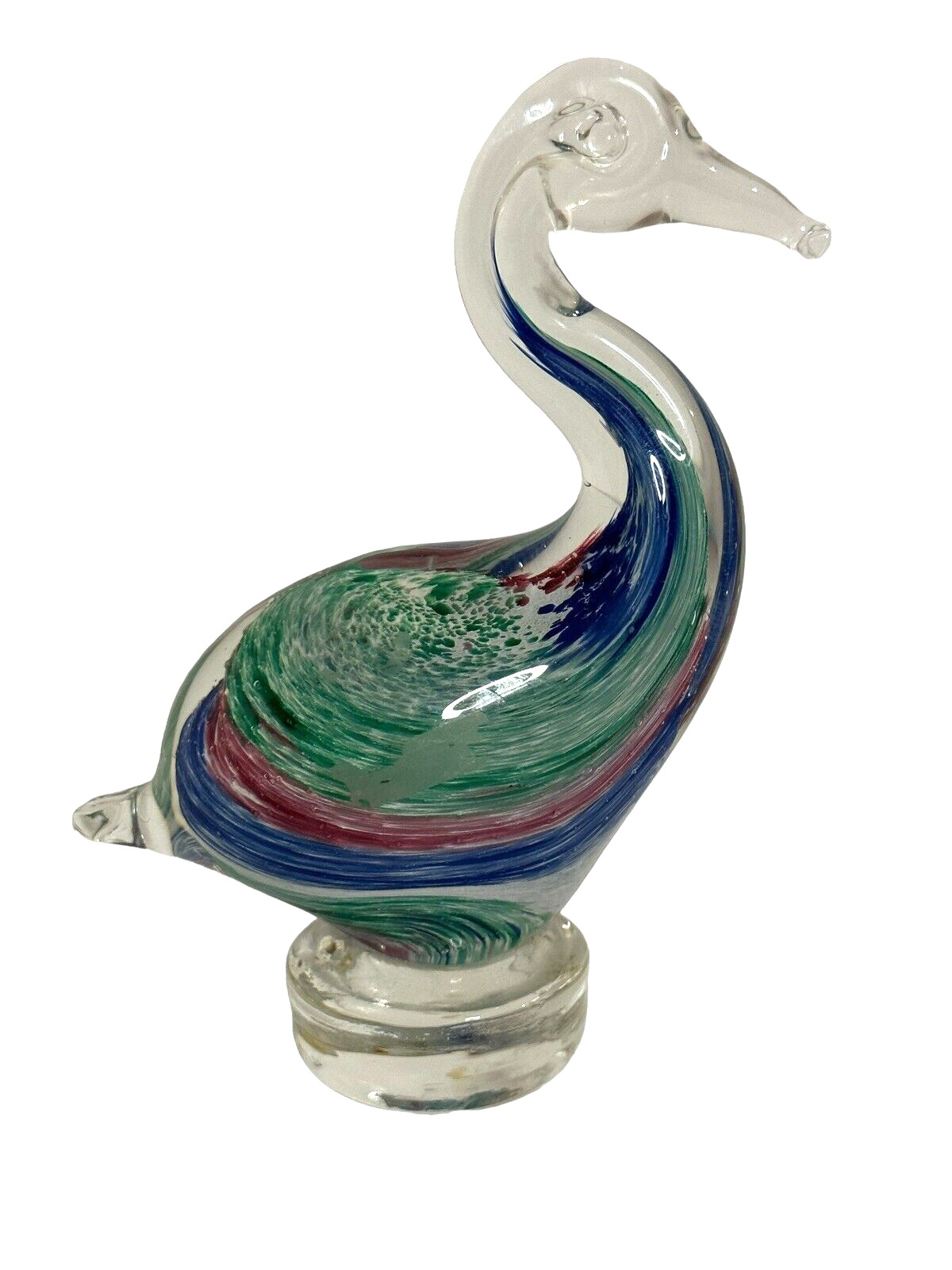 Glass Goose Figurine Colorful Waves Paperweight Pedestal 6 inches