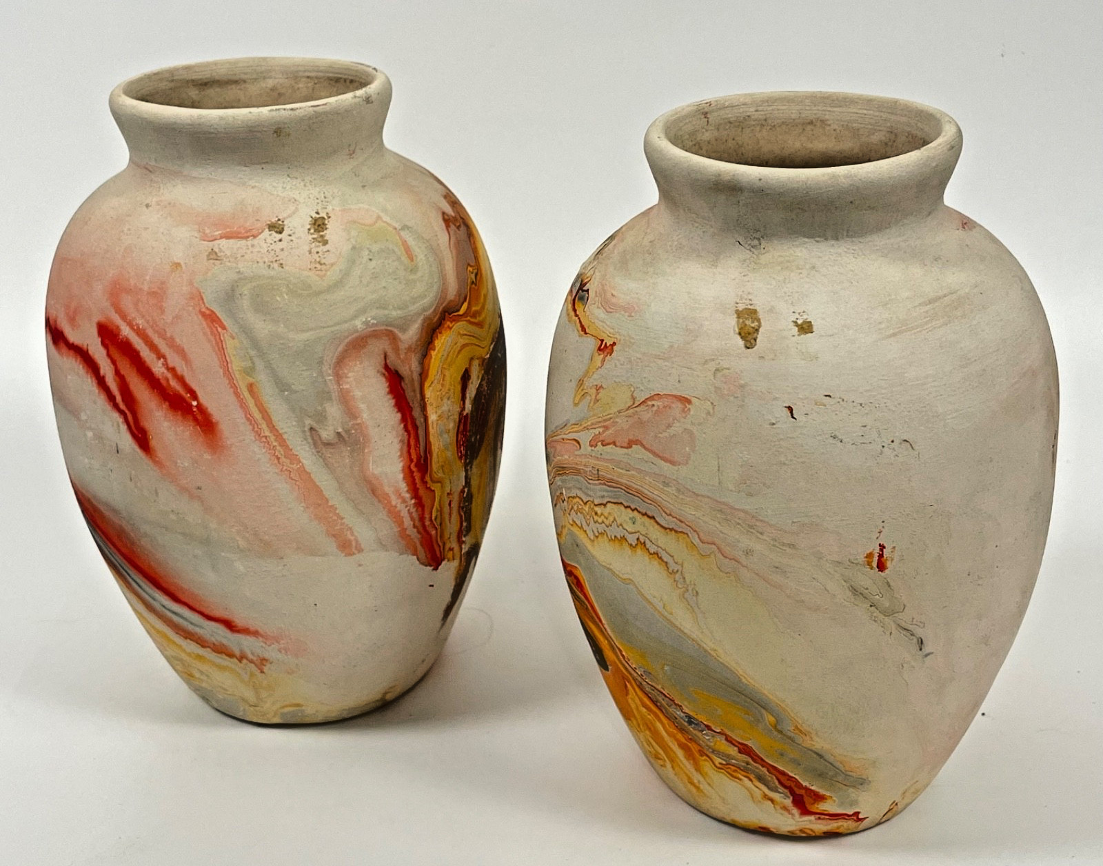 Vintage Nemadji Pottery Vases Pair 7” Swirl Marble Art Pottery USA Paper