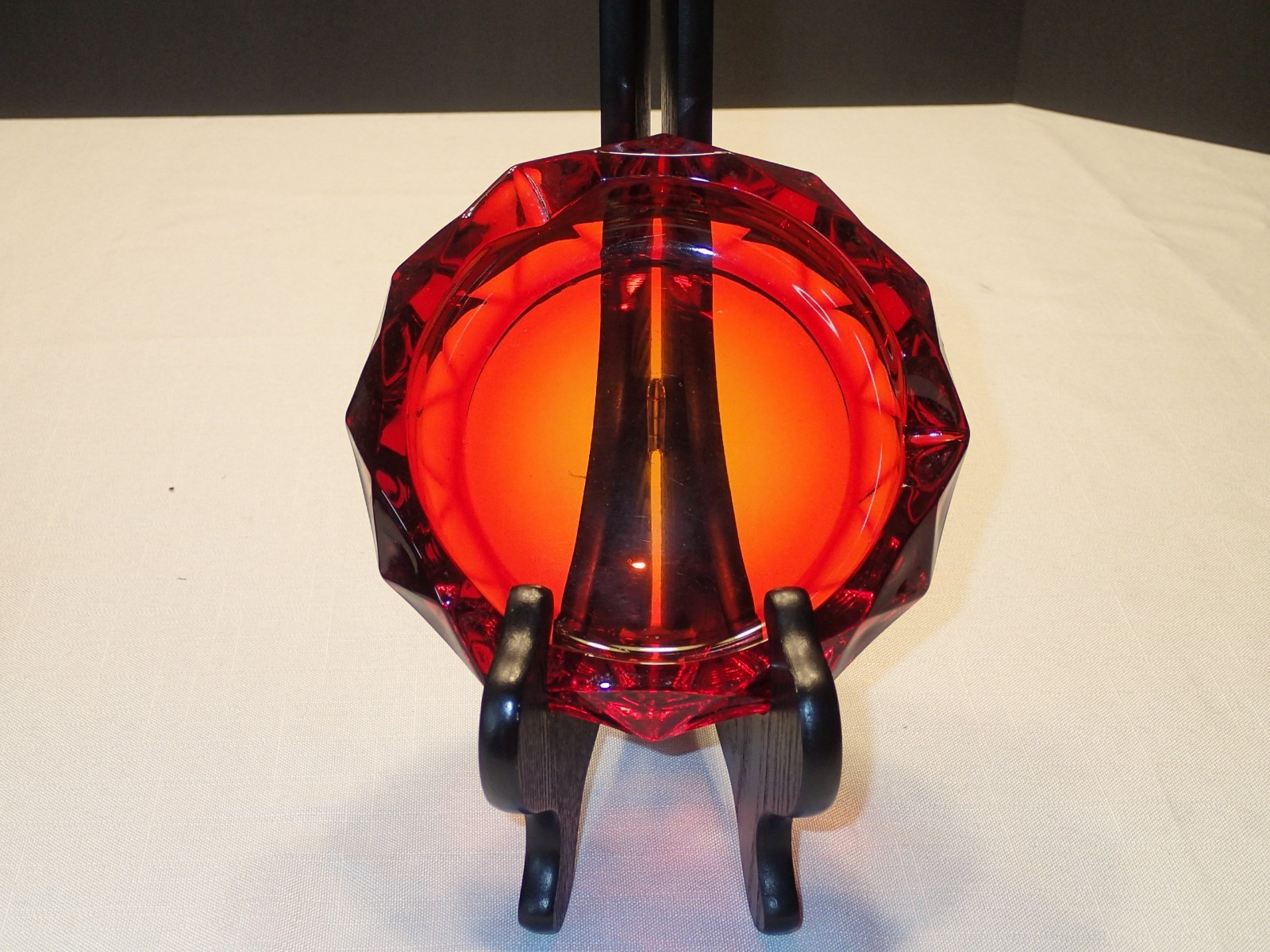 Vintage Ruby Red “Tequila Sunrise” Glass Ashtray Diamond Cut Pattern