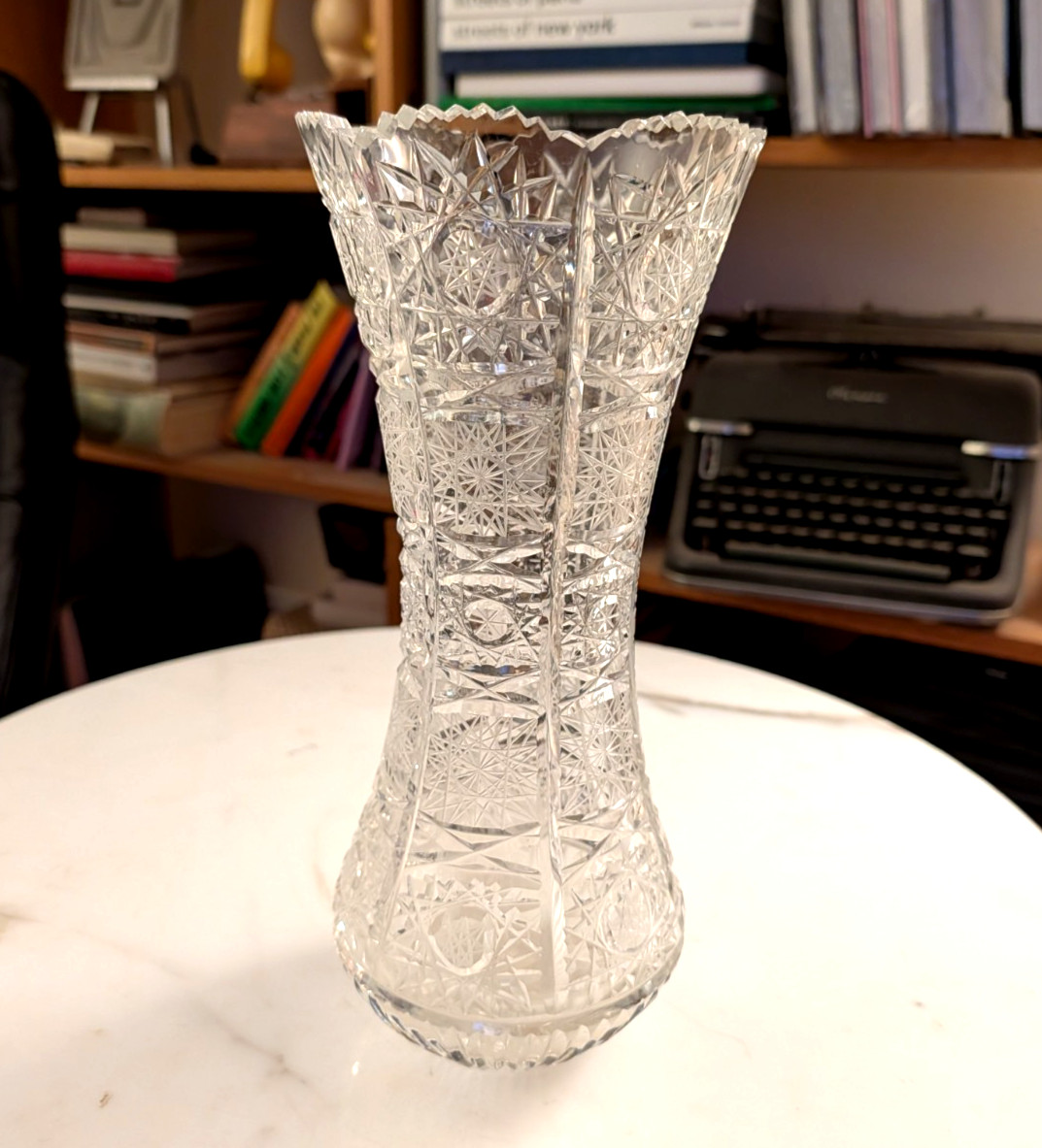 Vintage Bohemian Czech Cut Lead Crystal Vase Queen Lace Hobstar 12″ Sawtooth Rim