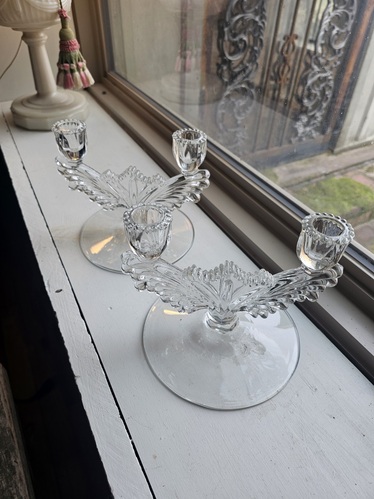 PAIR of (2) Martinsville Queen Anne Crystal Double Candle Holders Candelabra VTG