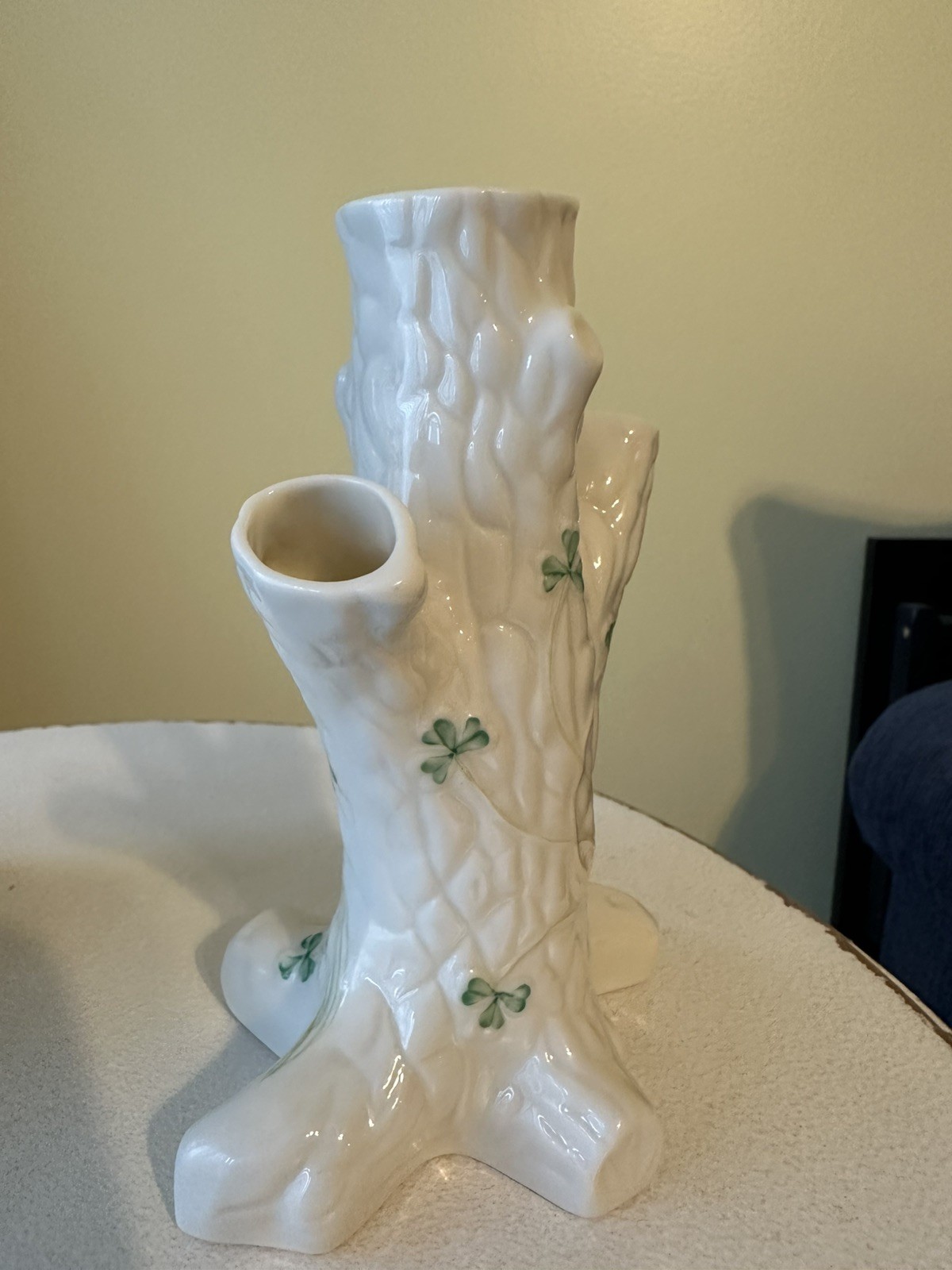 Belleek Shamrock Tree Trunk Vase 3-Bud Brown/Gold Mark Ireland 6″