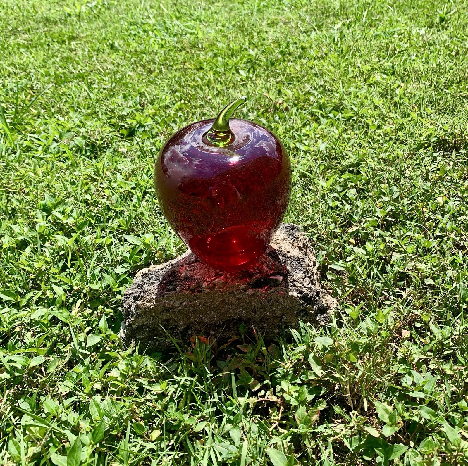 Vintage Viking Glass Green Stem Red Apple 7” Paperweight MCM