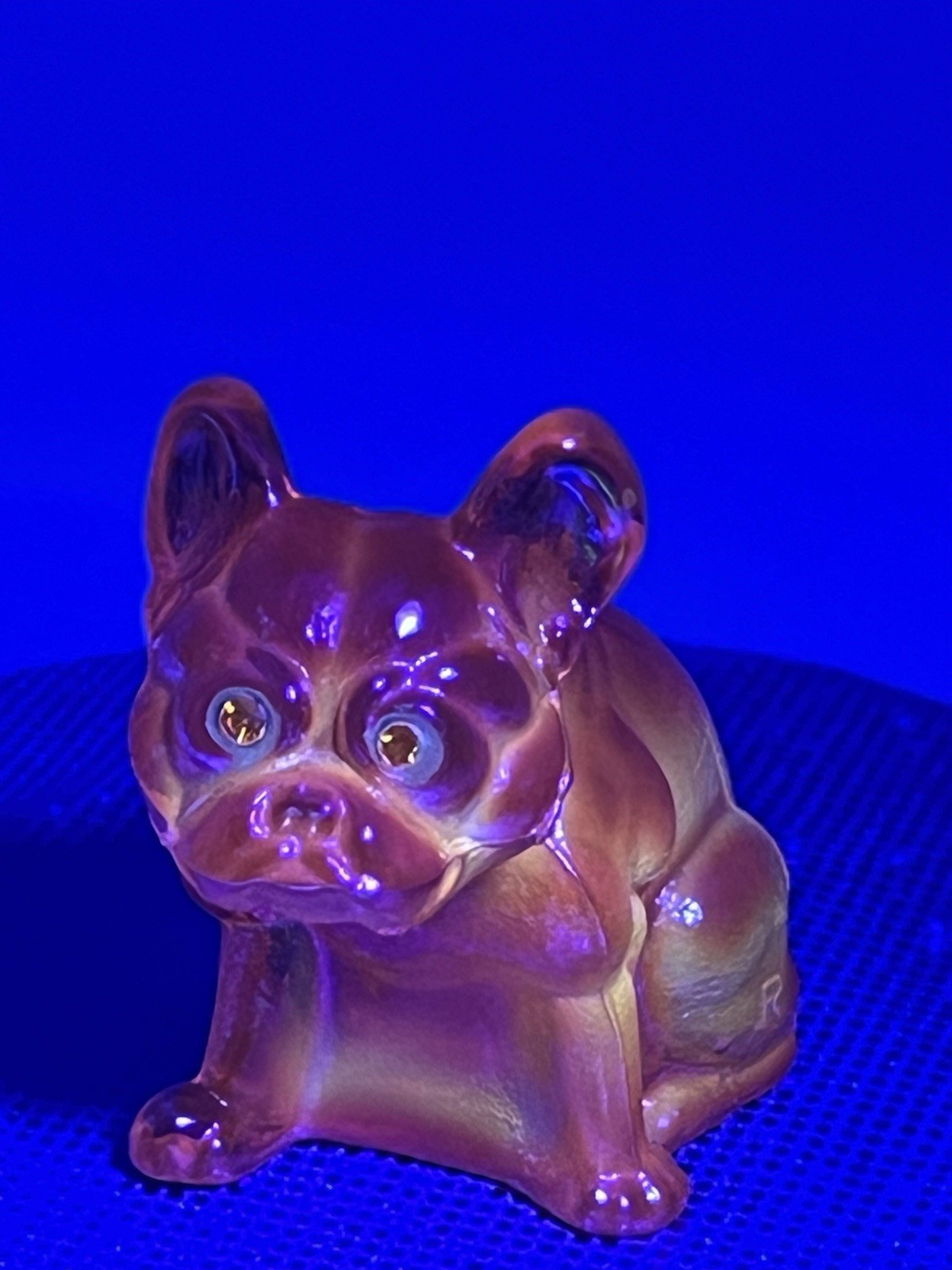 RARE Westmoreland Tangerine Carnival Glass Bulldog Frenchie Figurine UVGlow NOS