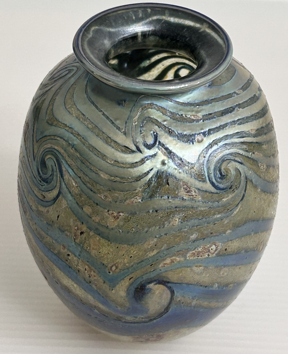 CHARLES LOTTON 1990 Sign Art Glass Vase Swirl Wave Water Iridescent *READ AS IS*