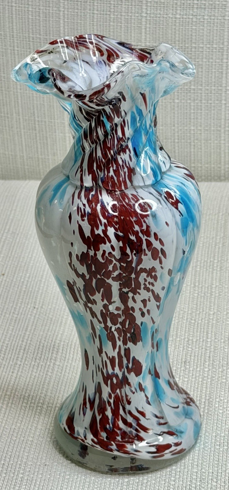 Ruffled Edge White, Red, Blue Splatter Speckled Czech Glass 8” Vase