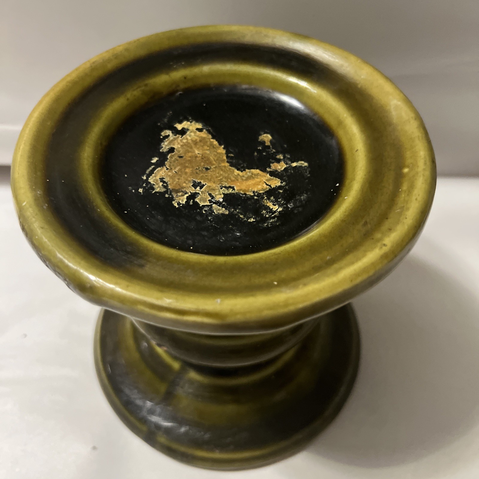 Vintage Olive Green Ceramic Pillar Candle Holder 5 1/4 X 5 1/2 Inches
