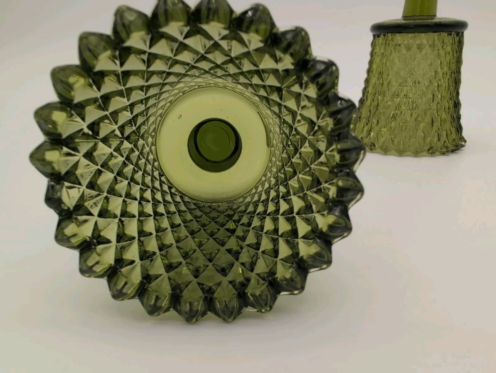 2 Vintage Olive Green Diamond Point Peg Votive Glass Candle Holders