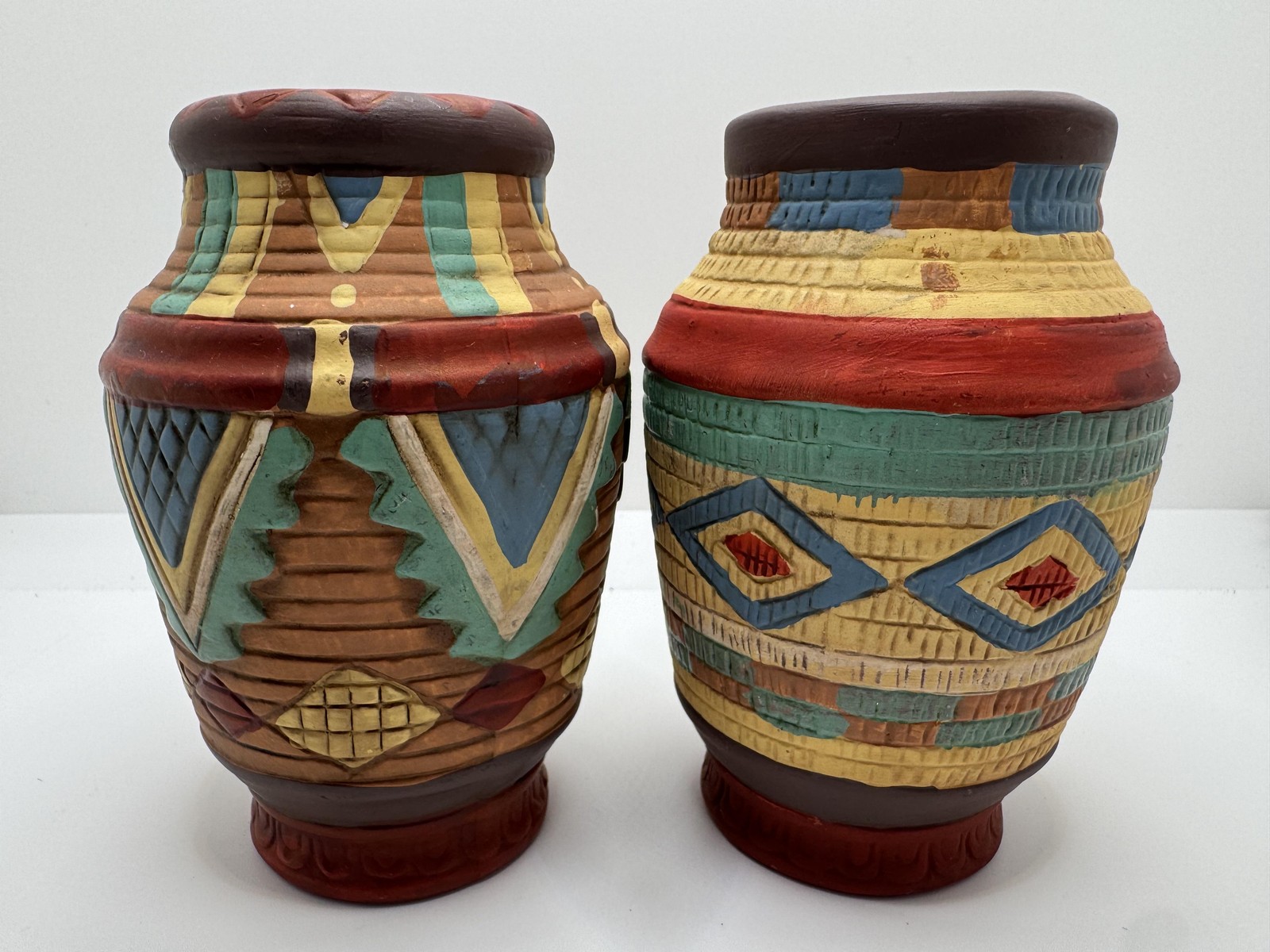Southwestern Multicolor Geometric Terracotta Ceramic Vase Pair Hand Painted