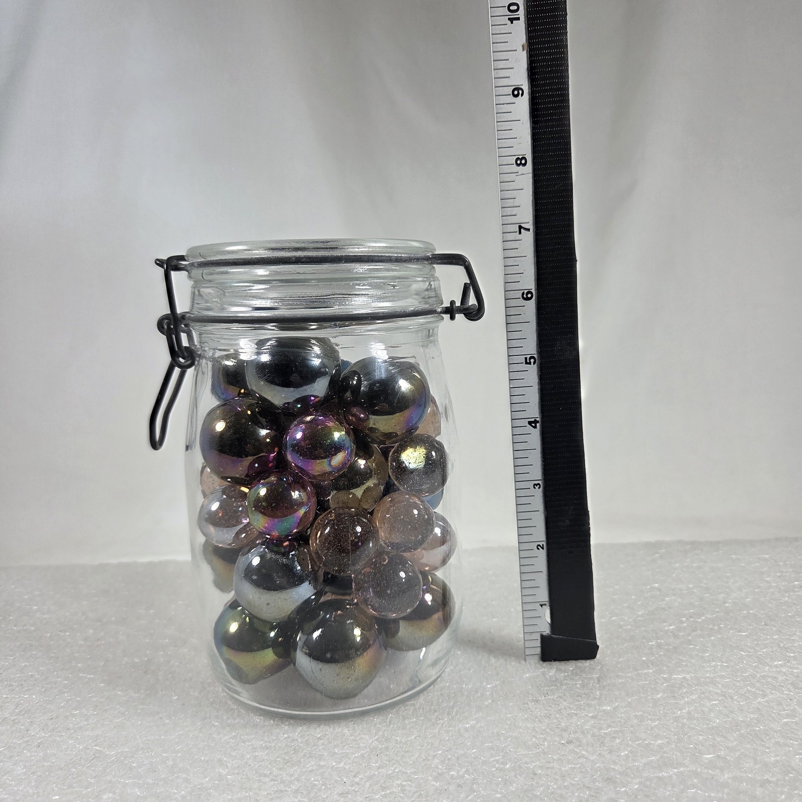 Iridescent Glass Marbles in Clear Locking Jar 7in Tall Decor Approx 4lb 9oz