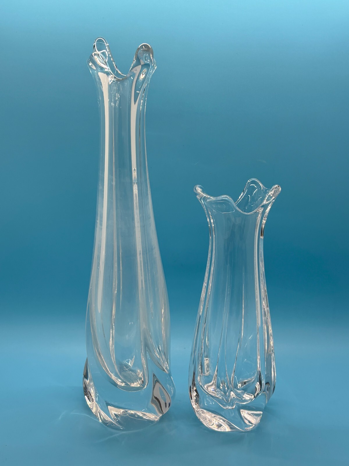 Lot of 2 Daum France Crystal Swirl/Twist Vases – 7” & 10.5” – Elegant Beautiful