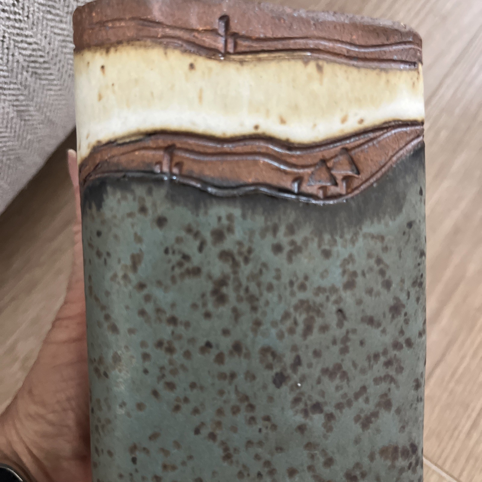 Studio Art Pottery 5 1/2” Vase Signed By Artist “S” Teal, Brown & Beige