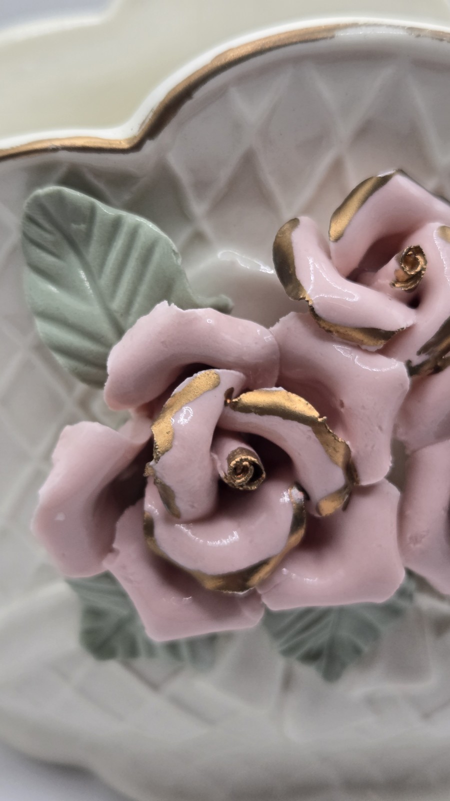 Ceramic Basket Vase Planter Raised Roses Scalloped Rim Diamond Design w/ Handles
