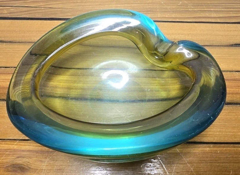 MCM Murano Italy Sommerso Glass Cigarette Cigar Ashtray Blue Gold Yellow Dish