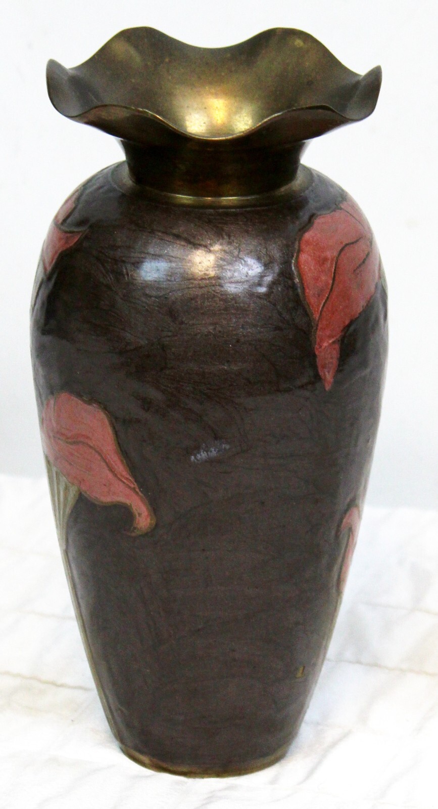 Vtg 80s Cloisonné Brass Vase Pink Lillies Brown Calla Cala Lily Ruffled Rim Top