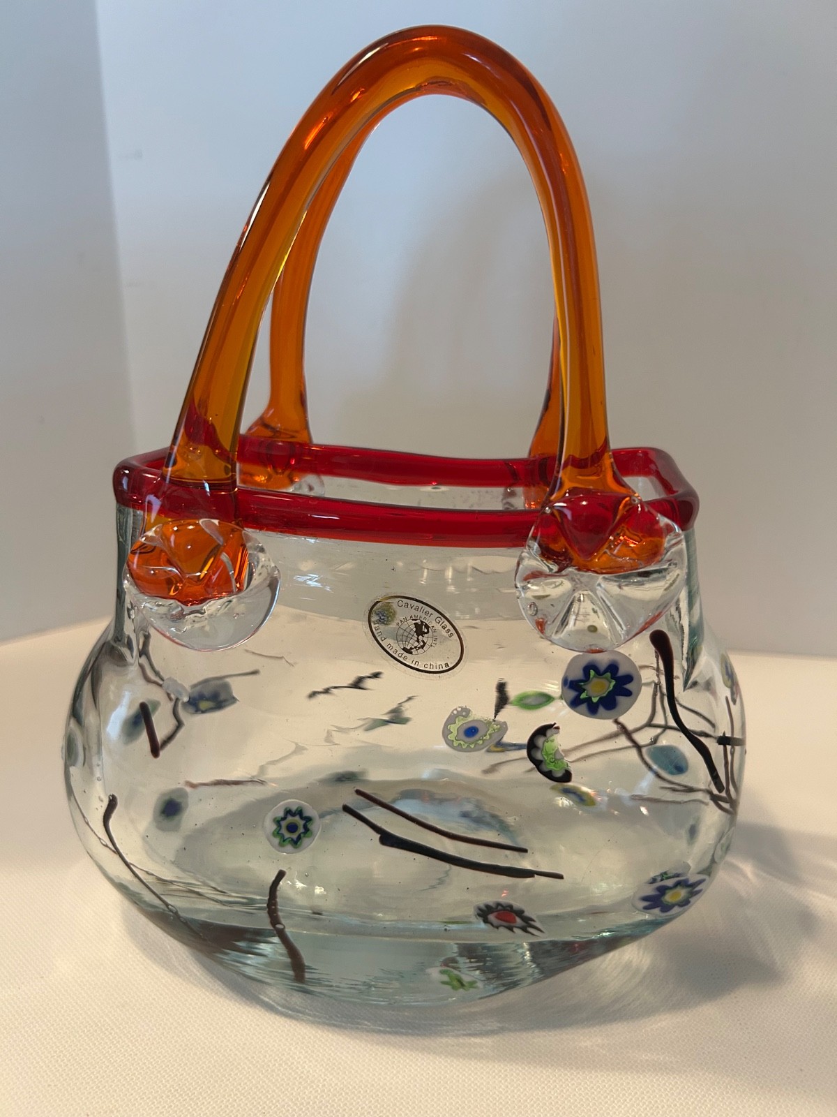 Vintage Murano Style Cavalier Art Glass Purse Vase Red Handle Floral Hand Blown