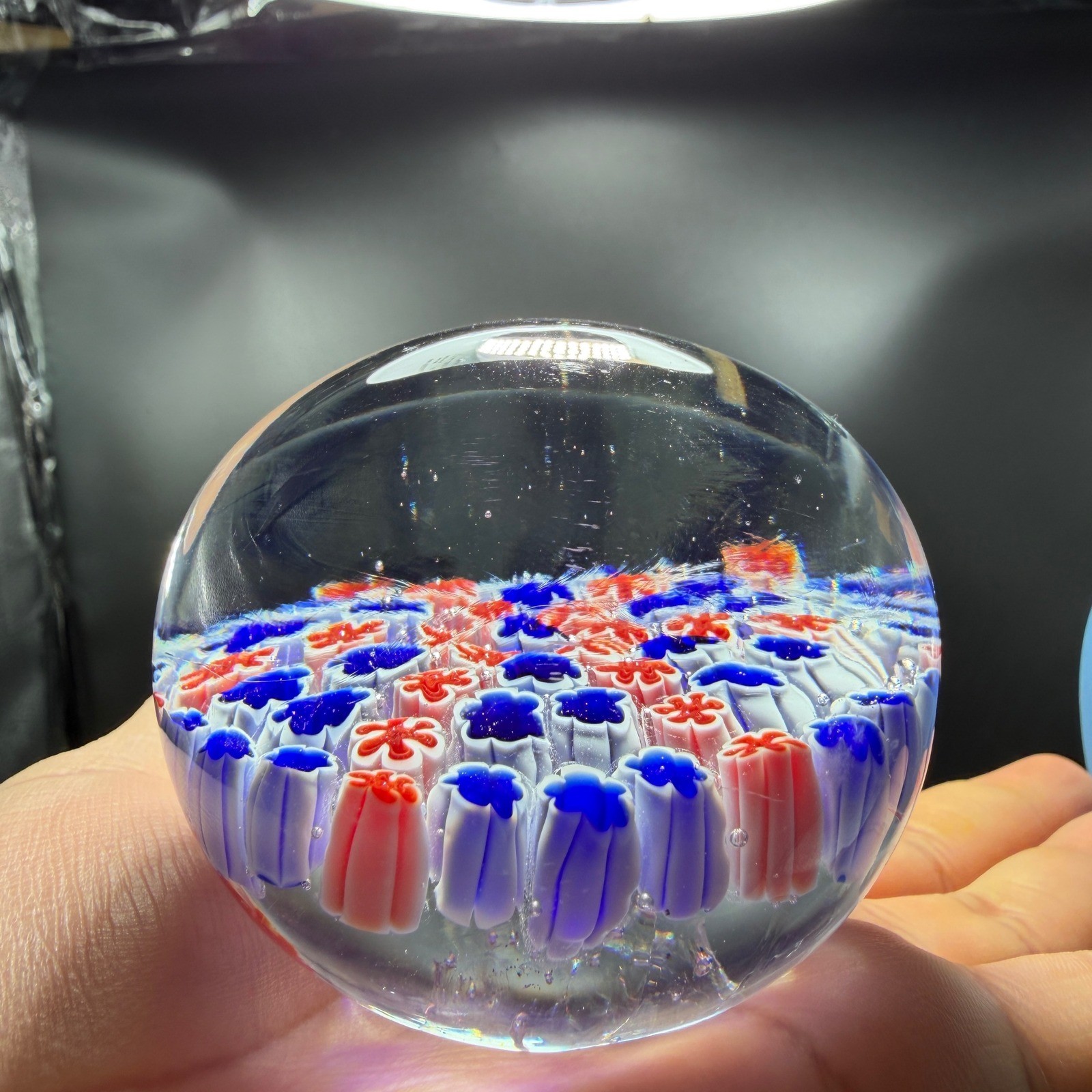 Vintage Millefiori Art Glass Paperweight Red White Blue Floral Canes Venetian