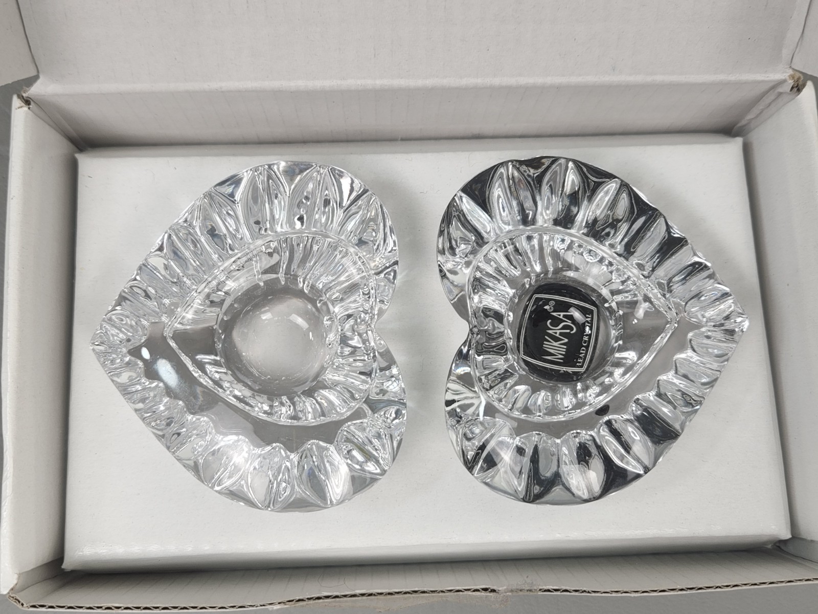 New Mikasa Pair Heartfelt Heart Shaped Lead Crystal Candle Holders NIB