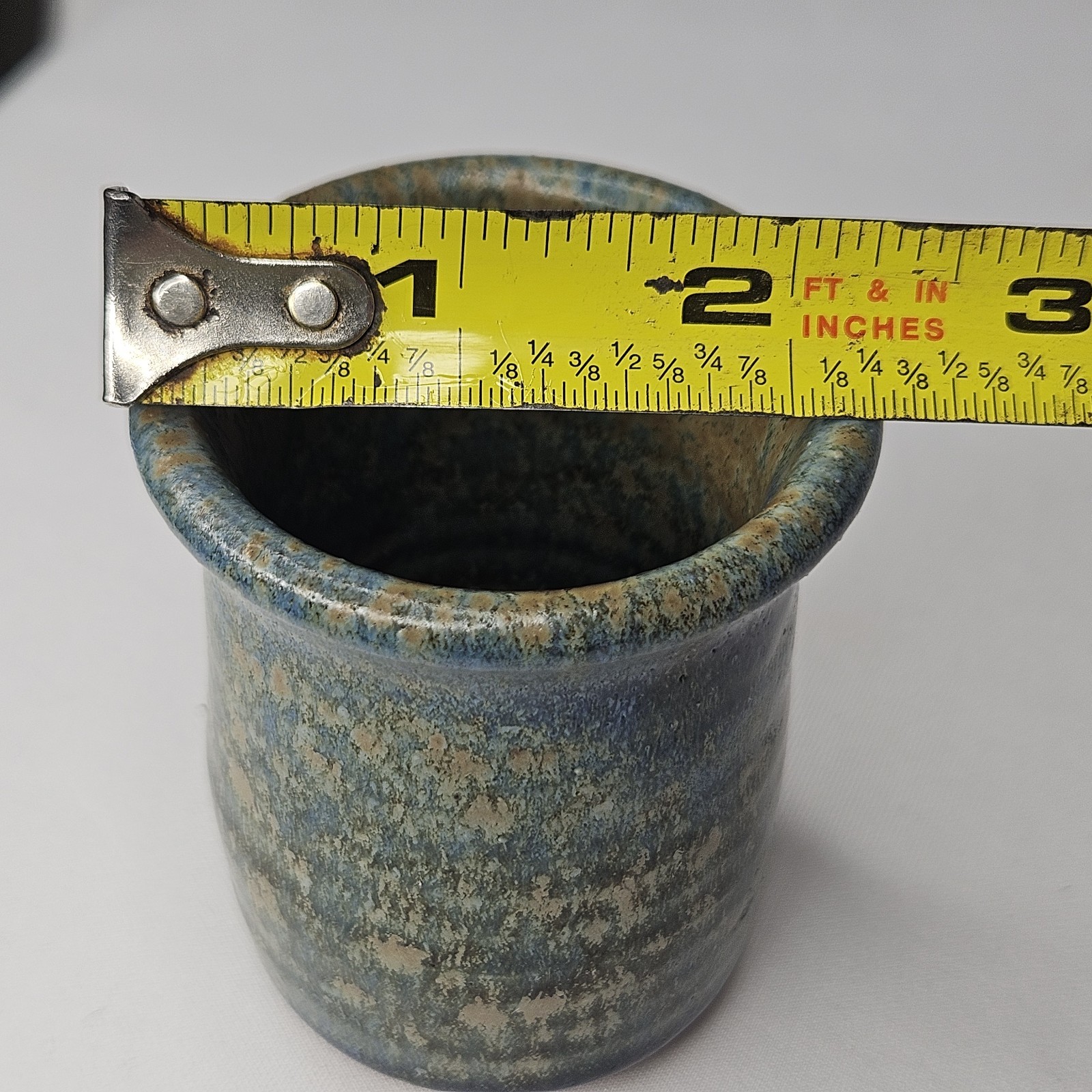 Handthrown Studio Art Pottery 3″ Vase Cup Blue Green Tan Glaze Signed 3oz Vessel