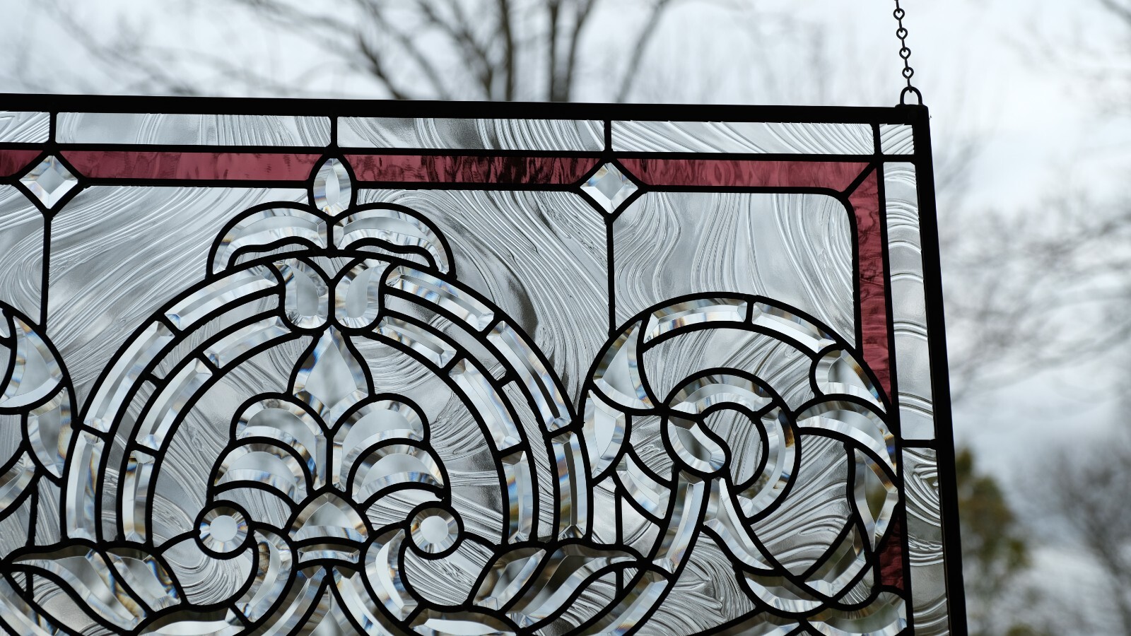 Handcrafted stained glass Clear Beveled window panel 34″W x 20″H