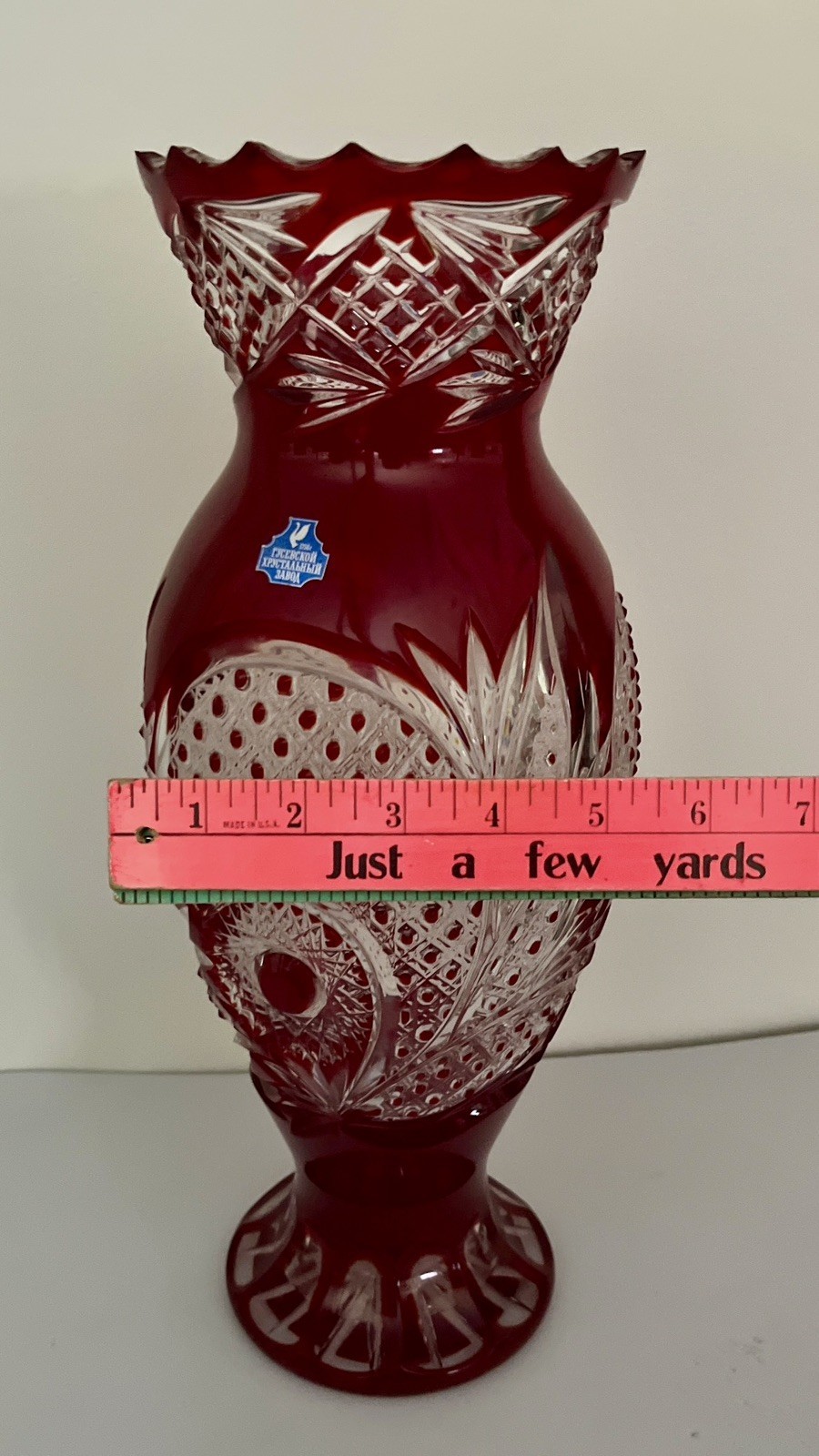 Vintage Gus Khrustalny Russian Ruby Red Cut To Clear Crystal Vase 15 1/4″ Tall